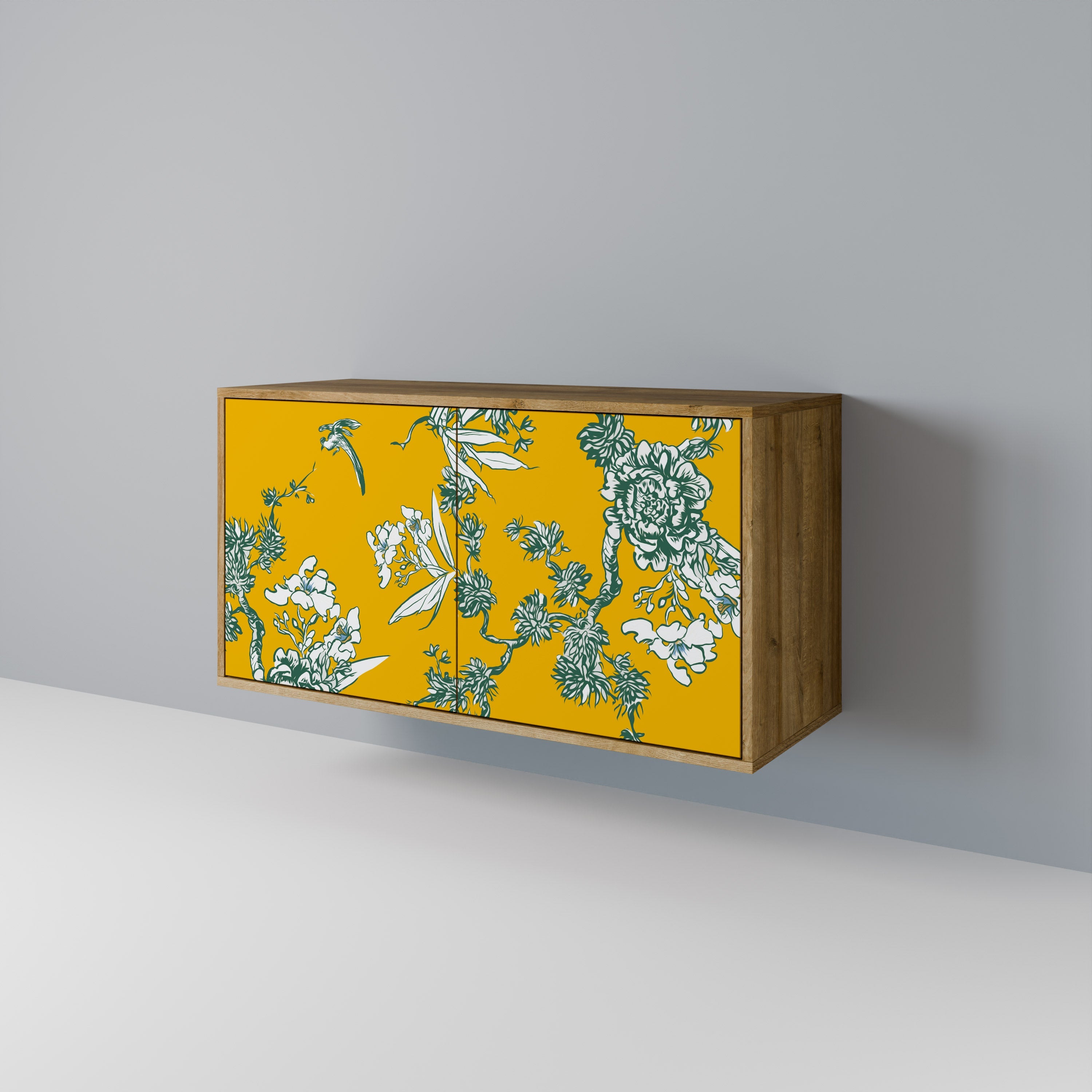GELBES CHINOISERIE-Sideboard mit 2 Türen in Eichenoptik