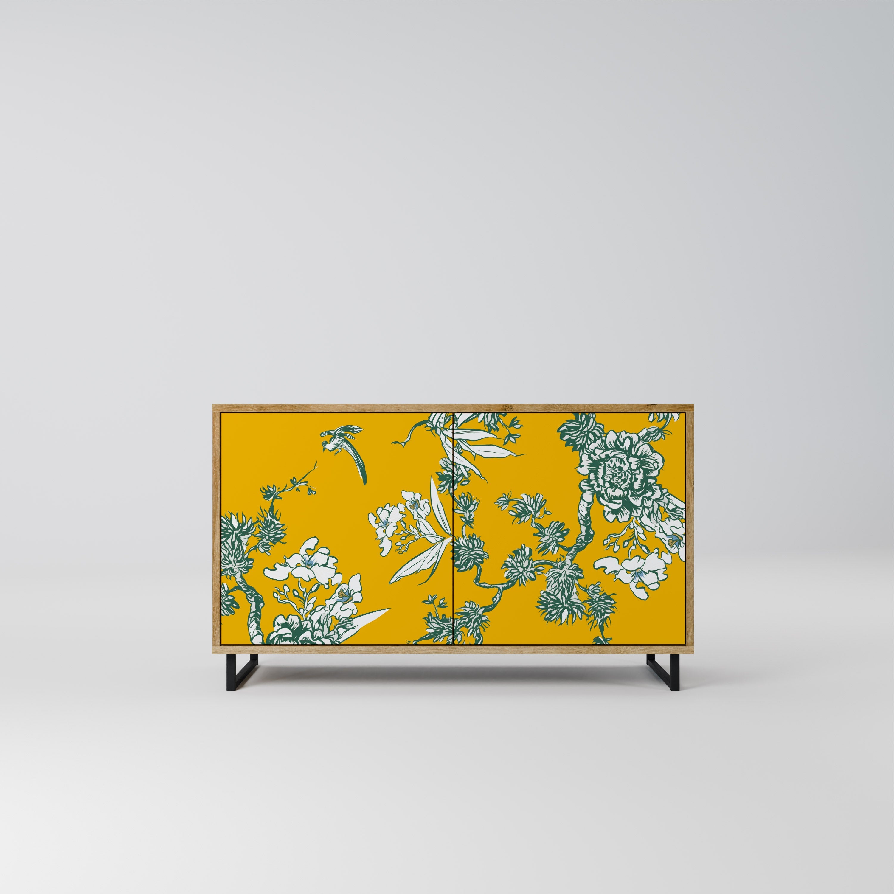 GELBES CHINOISERIE-Sideboard mit 2 Türen in Eichenoptik
