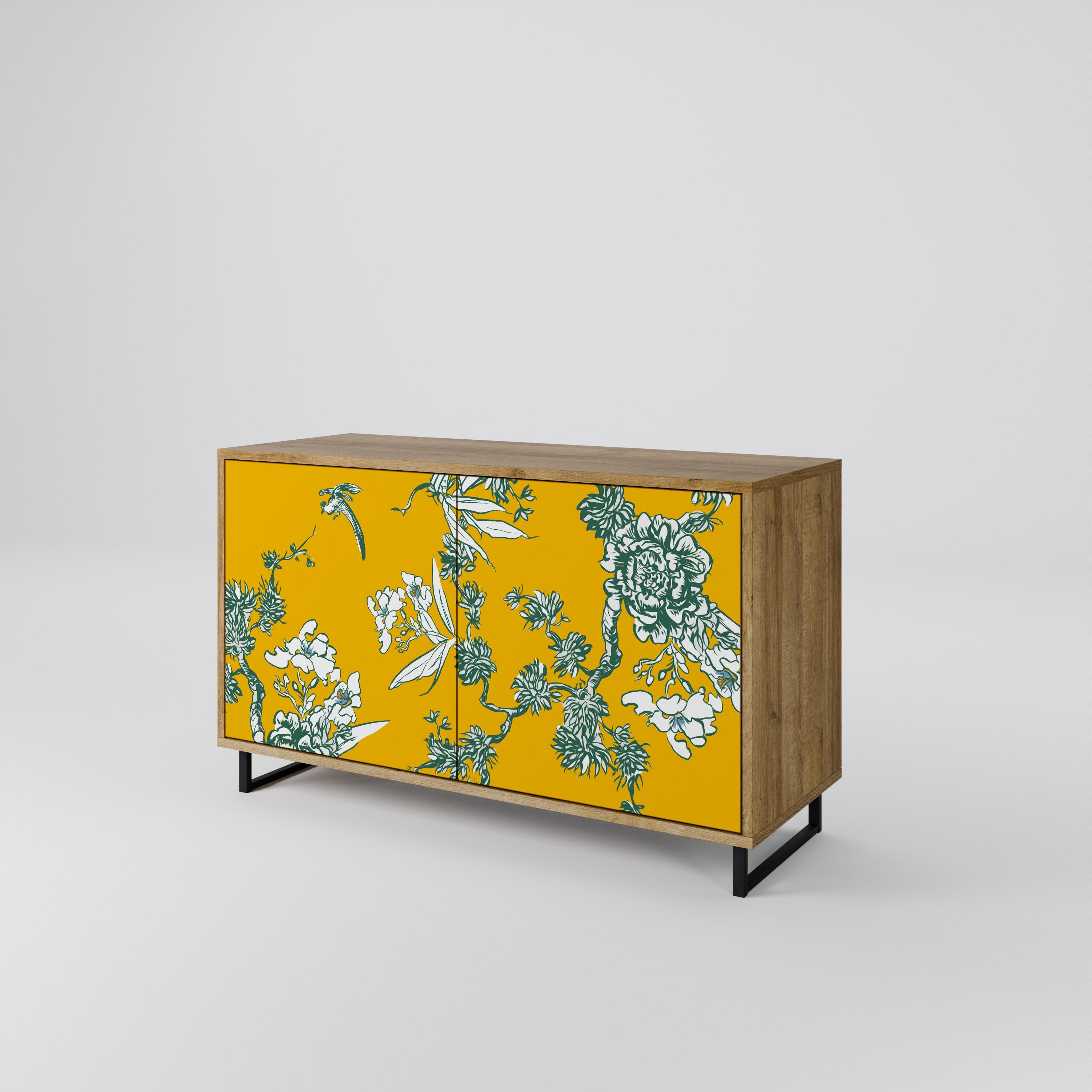 GELBES CHINOISERIE-Sideboard mit 2 Türen in Eichenoptik