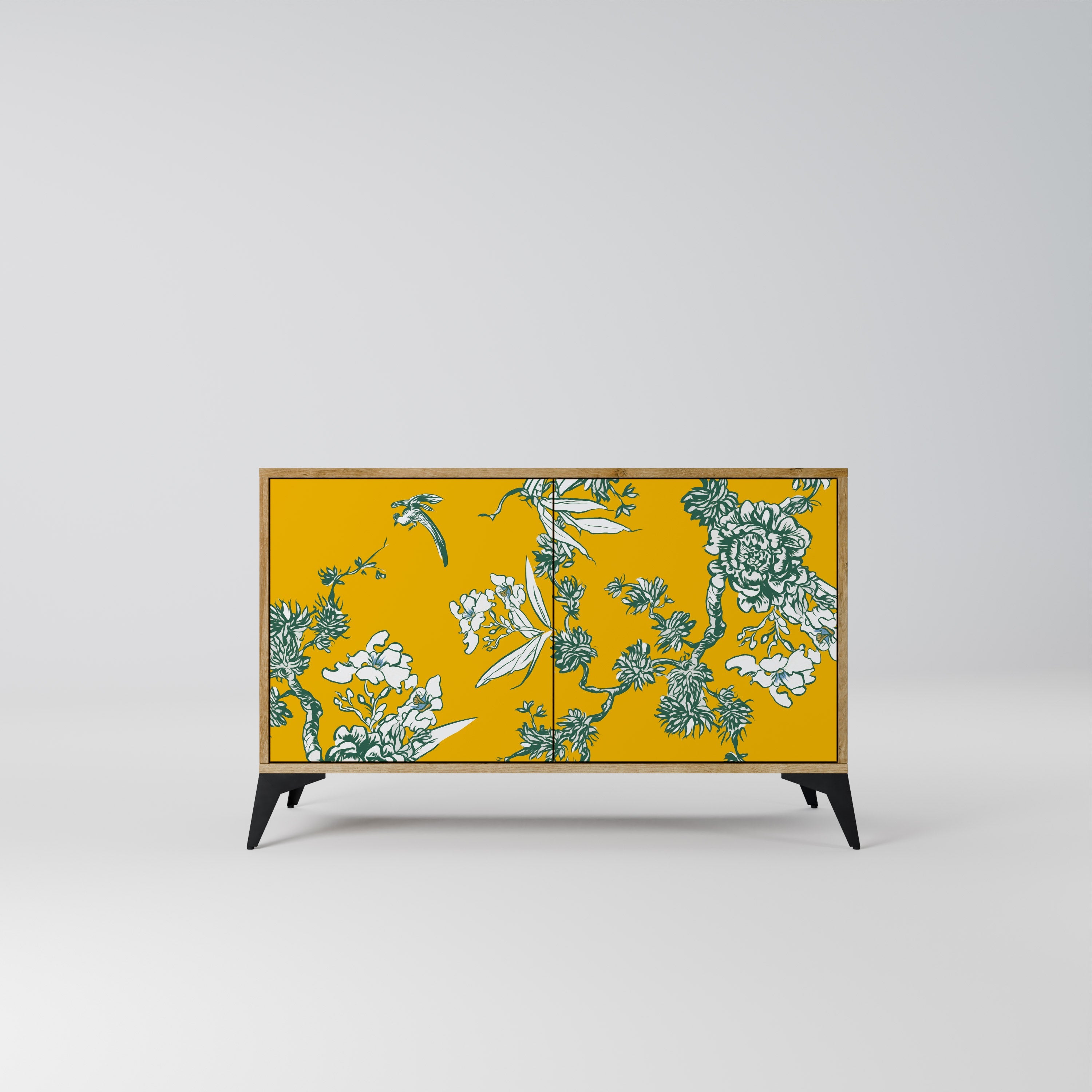 GELBES CHINOISERIE-Sideboard mit 2 Türen in Eichenoptik