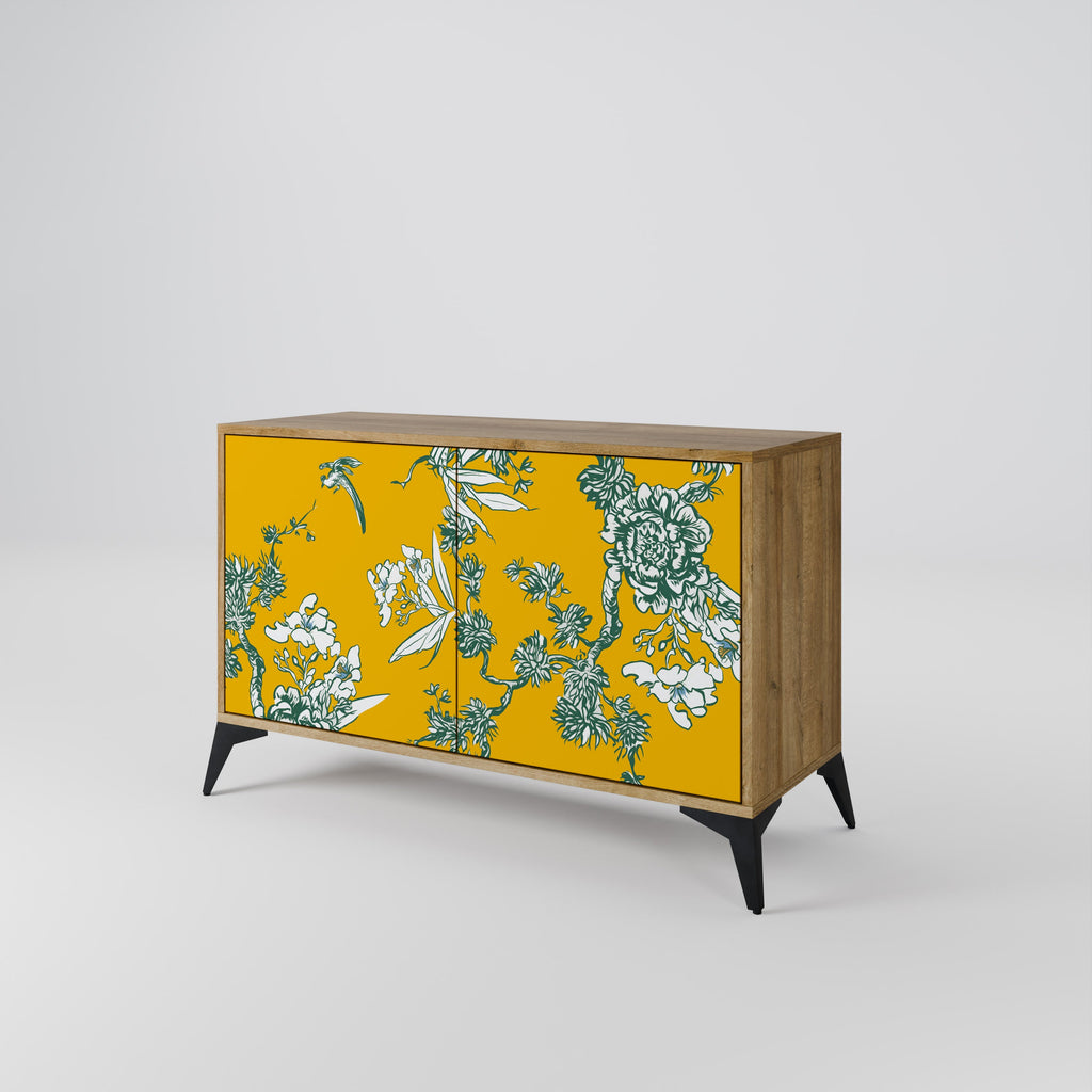 GELBES CHINOISERIE-Sideboard mit 2 Türen in Eichenoptik