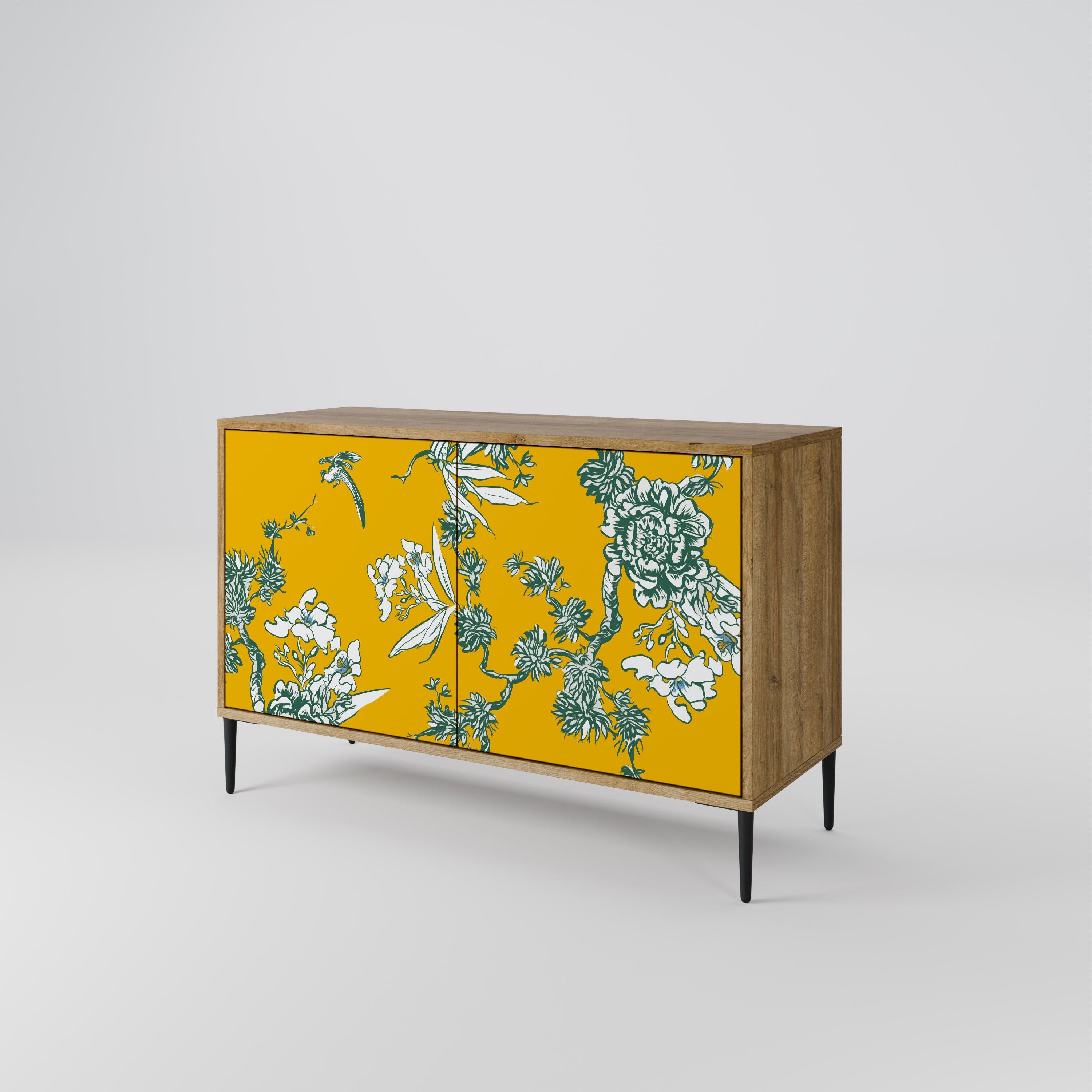 GELBES CHINOISERIE-Sideboard mit 2 Türen in Eichenoptik