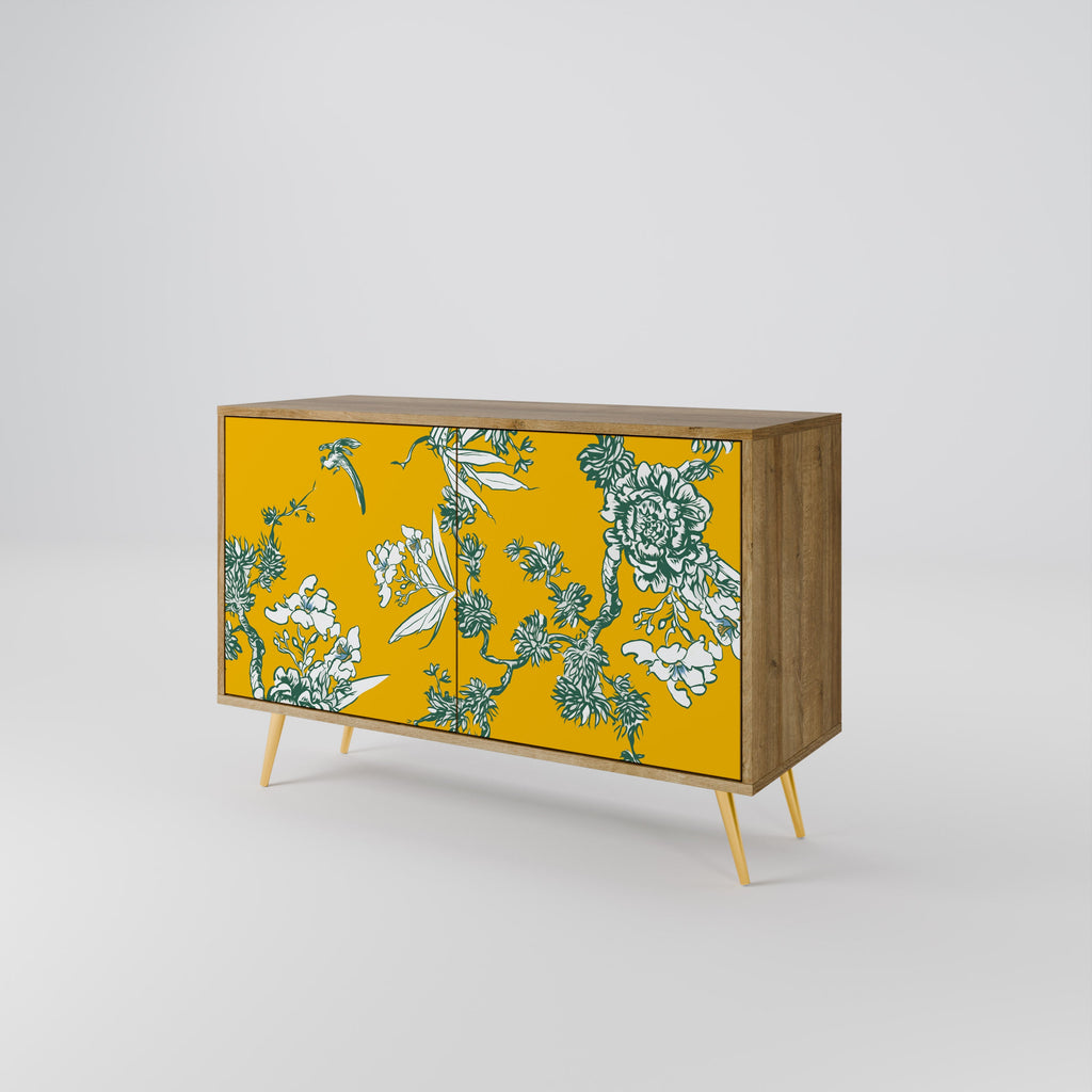 GELBES CHINOISERIE-Sideboard mit 2 Türen in Eichenoptik