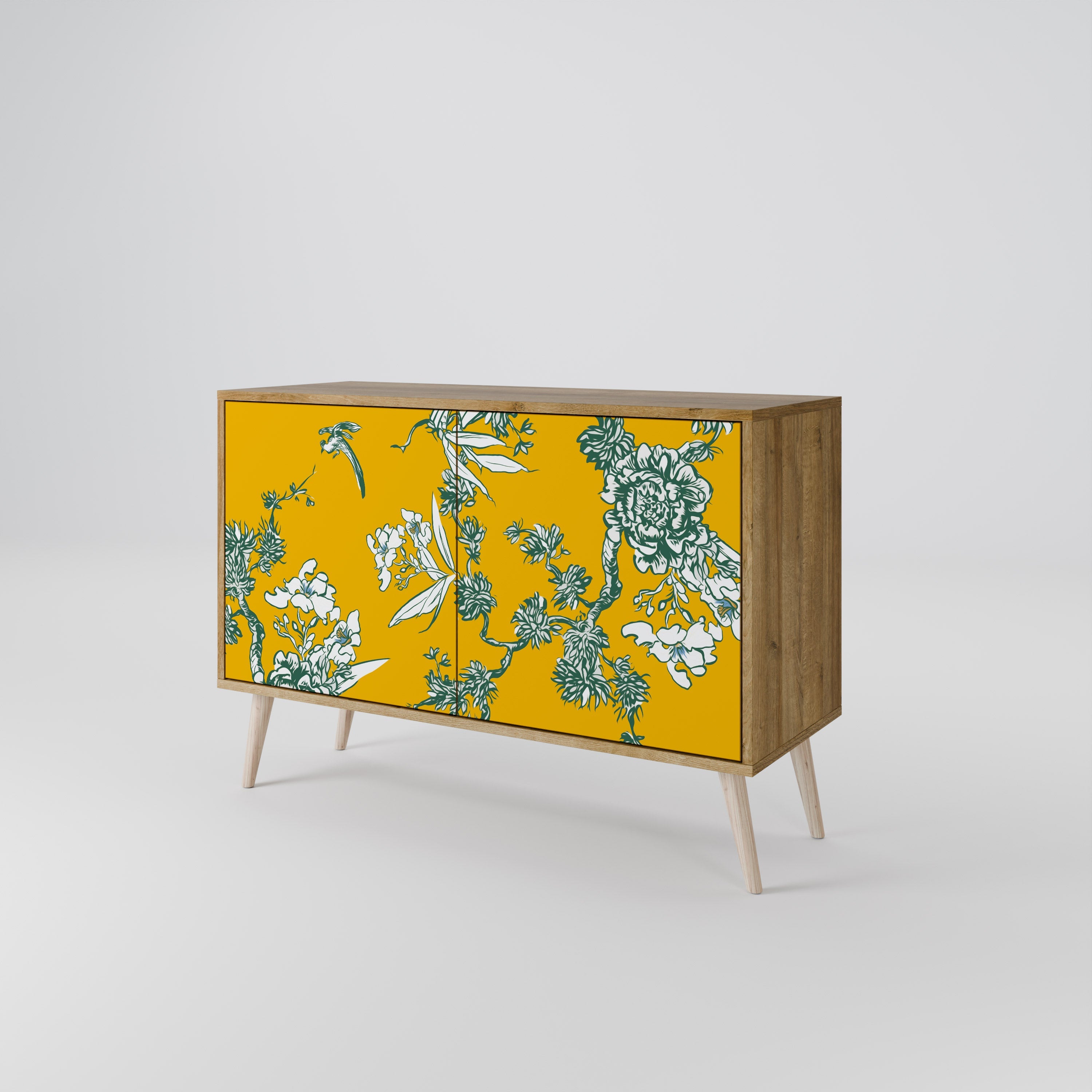 GELBES CHINOISERIE-Sideboard mit 2 Türen in Eichenoptik