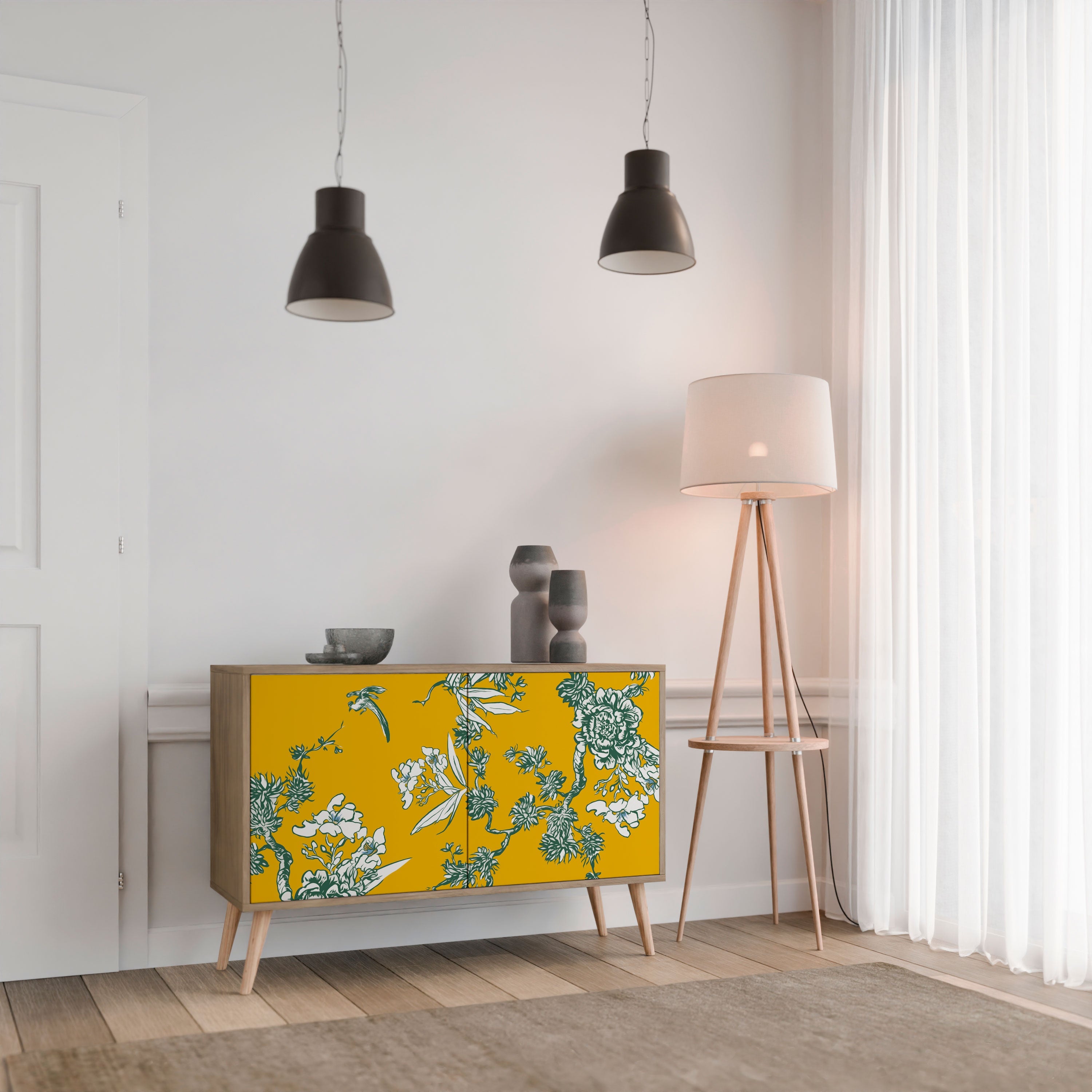 GELBES CHINOISERIE-Sideboard mit 2 Türen in Eichenoptik