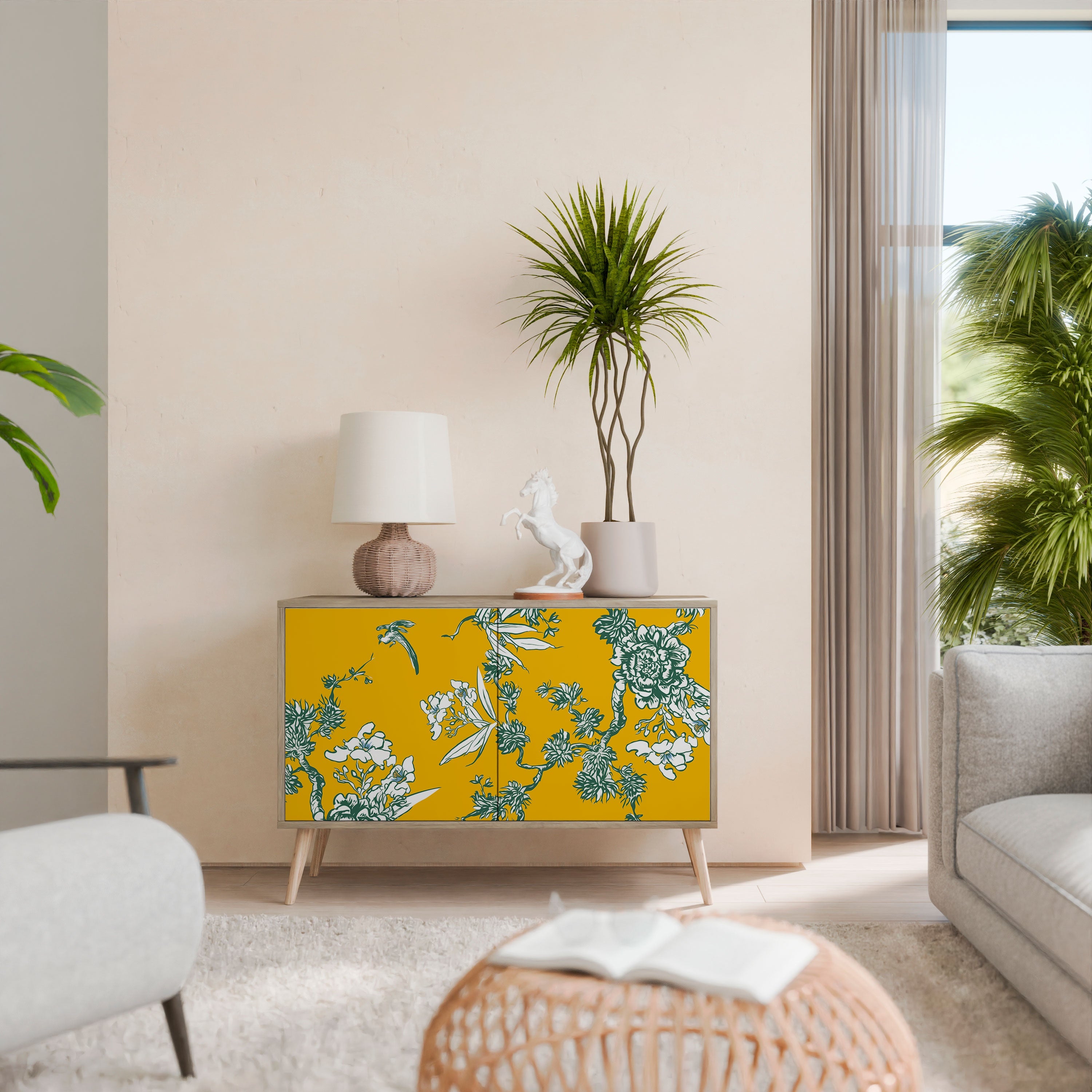 GELBES CHINOISERIE-Sideboard mit 2 Türen in Eichenoptik