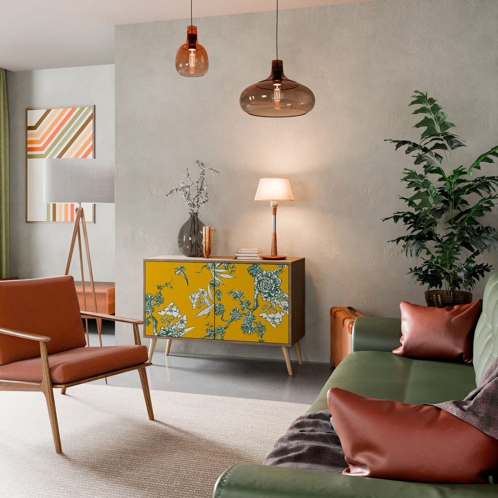 GELBES CHINOISERIE-Sideboard mit 2 Türen in Eichenoptik