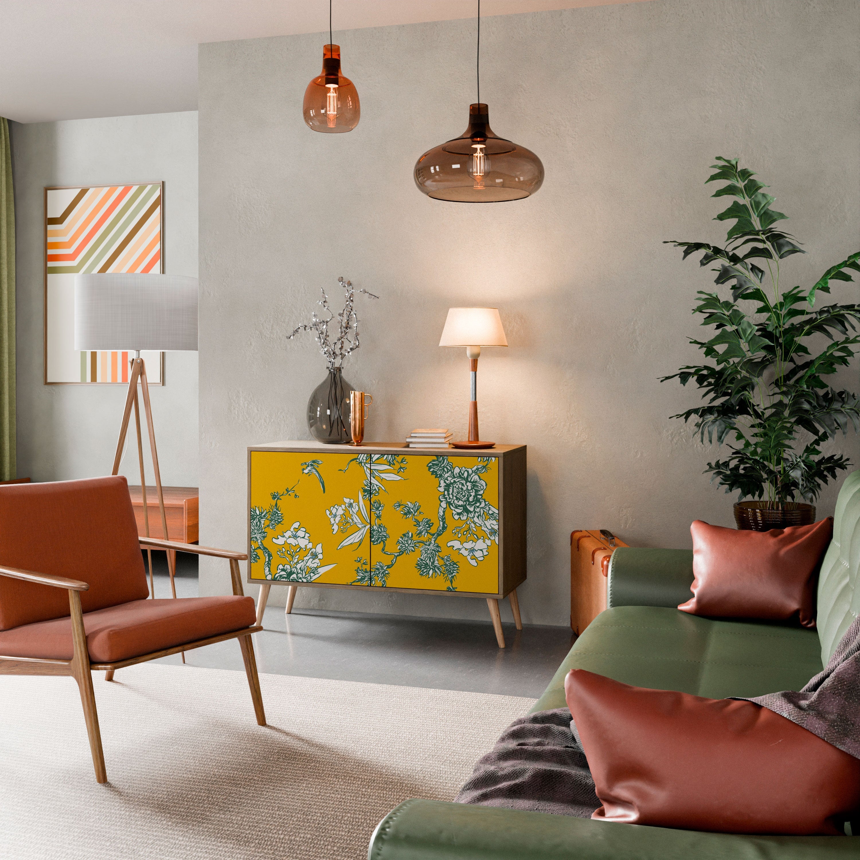 GELBES CHINOISERIE-Sideboard mit 2 Türen in Eichenoptik