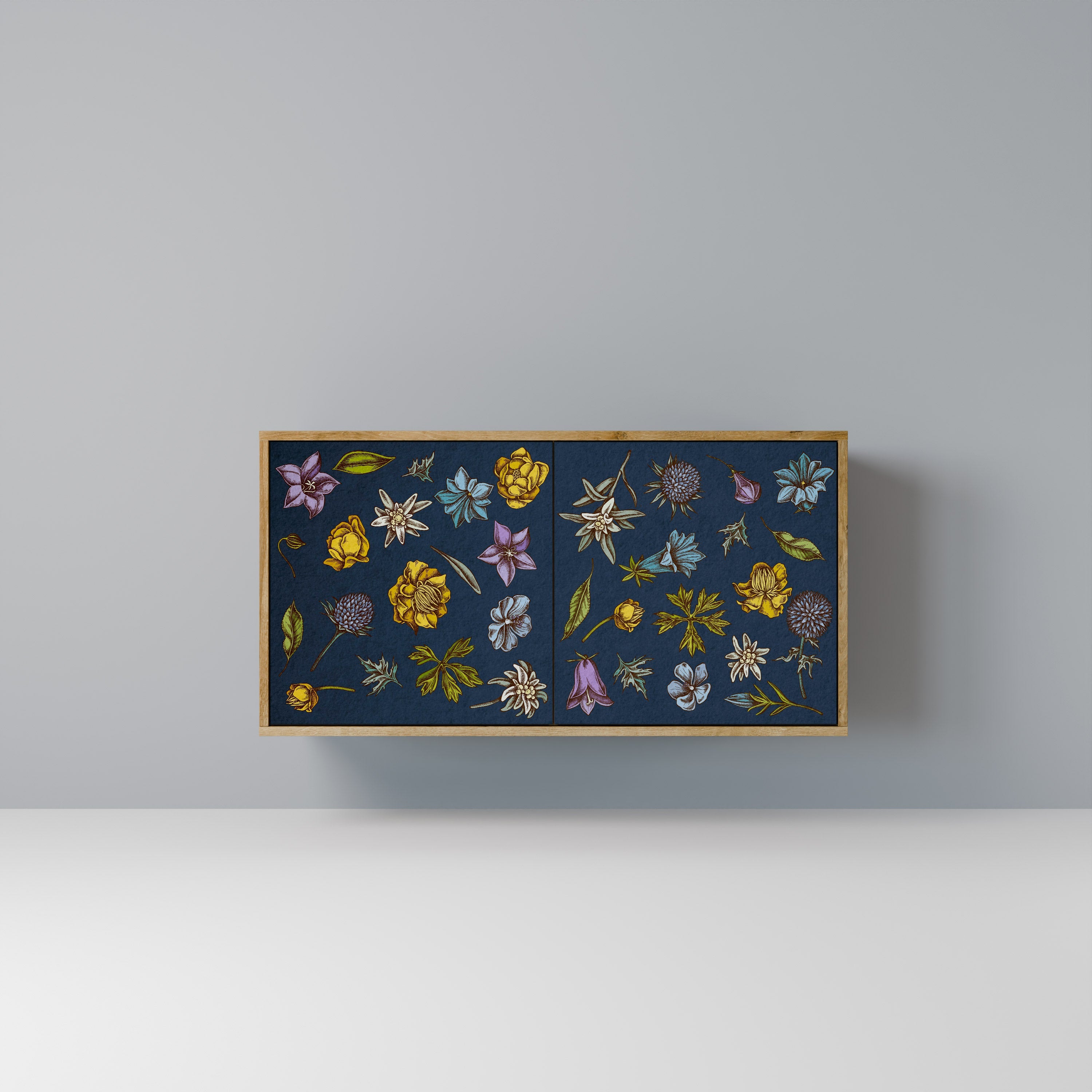 BLUMEN AUF MARINEBLAUEM Sideboard mit 2 Türen in Eichenoptik