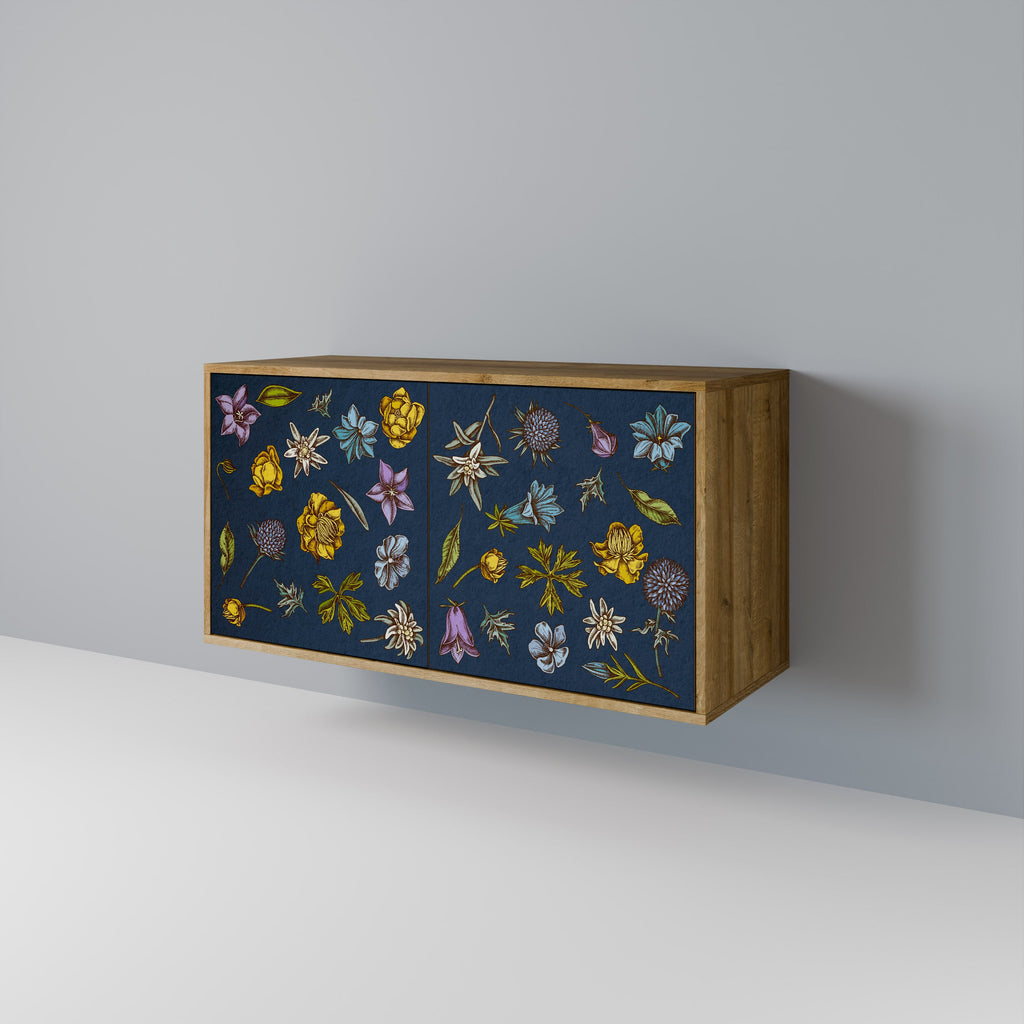BLUMEN AUF MARINEBLAUEM Sideboard mit 2 Türen in Eichenoptik