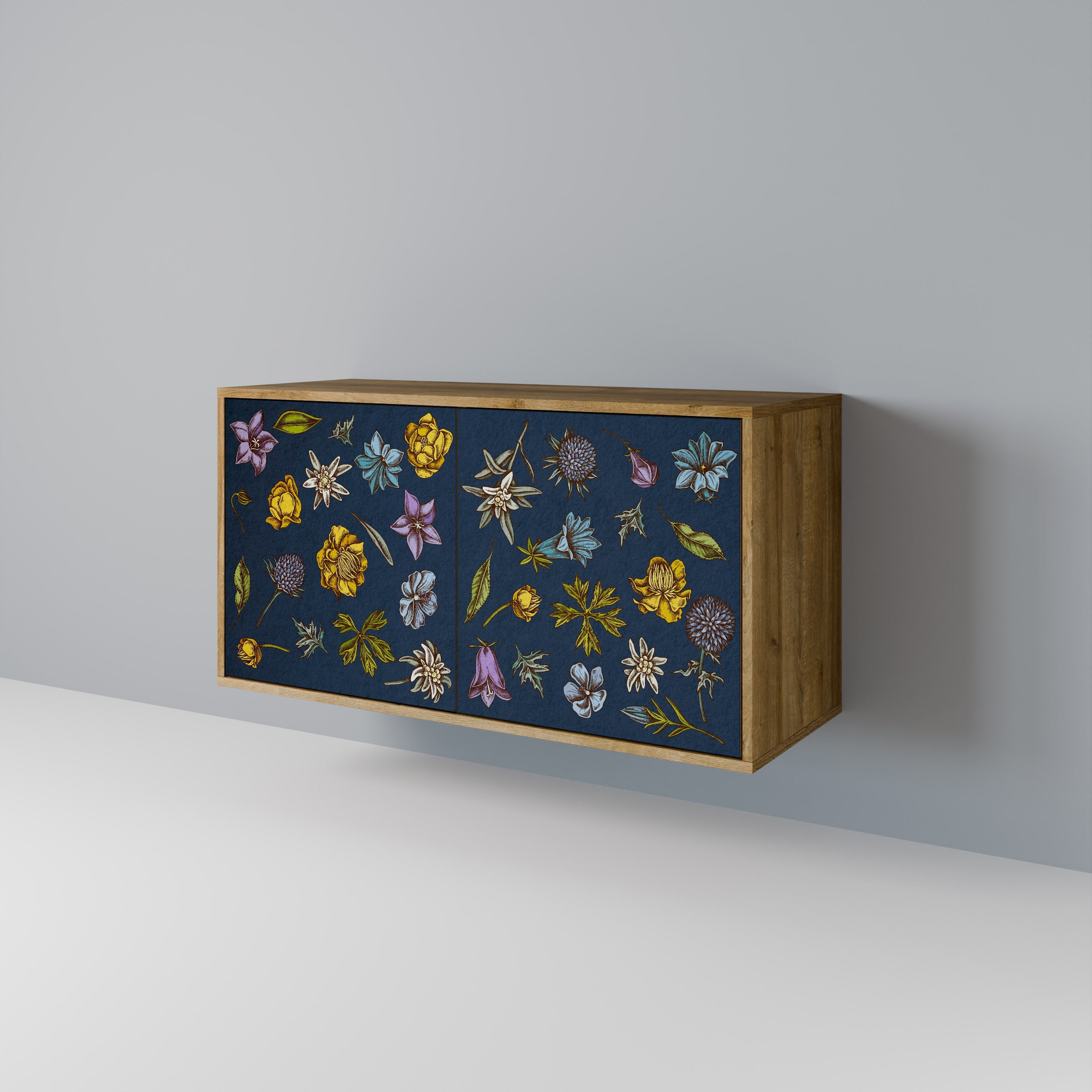 BLUMEN AUF MARINEBLAUEM Sideboard mit 2 Türen in Eichenoptik