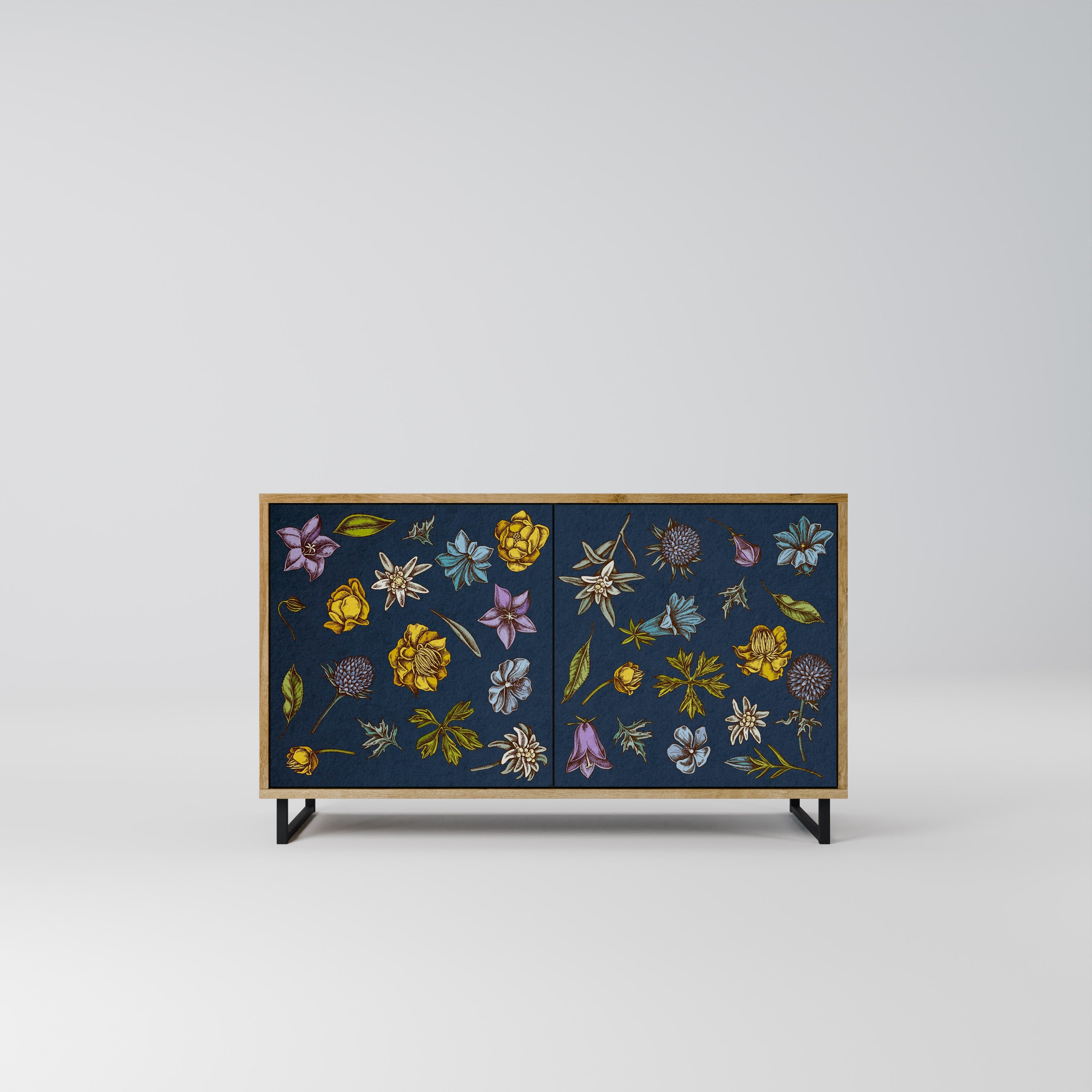 BLUMEN AUF MARINEBLAUEM Sideboard mit 2 Türen in Eichenoptik