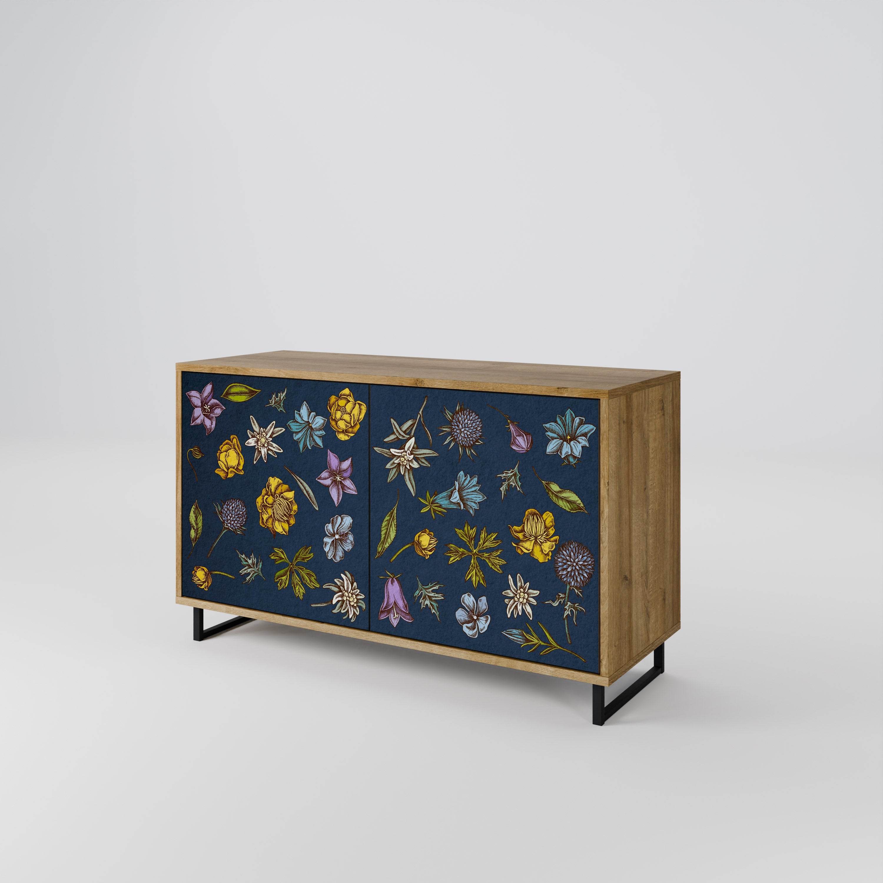 BLUMEN AUF MARINEBLAUEM Sideboard mit 2 Türen in Eichenoptik