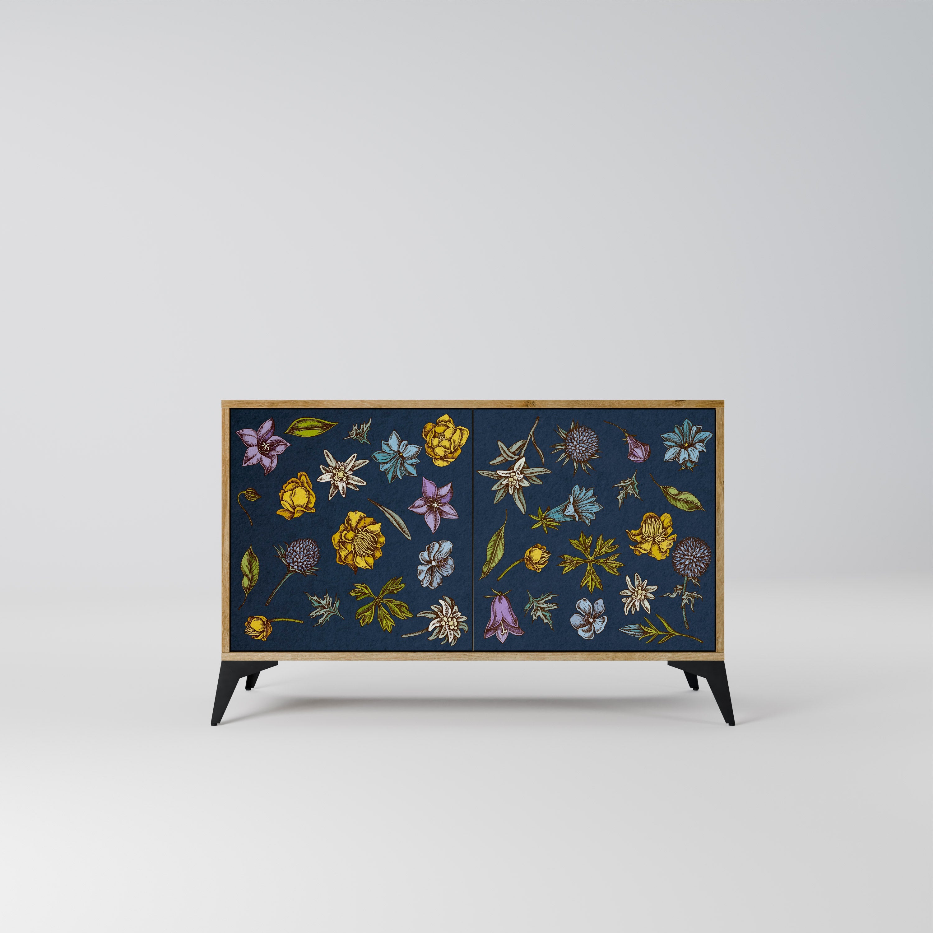 BLUMEN AUF MARINEBLAUEM Sideboard mit 2 Türen in Eichenoptik