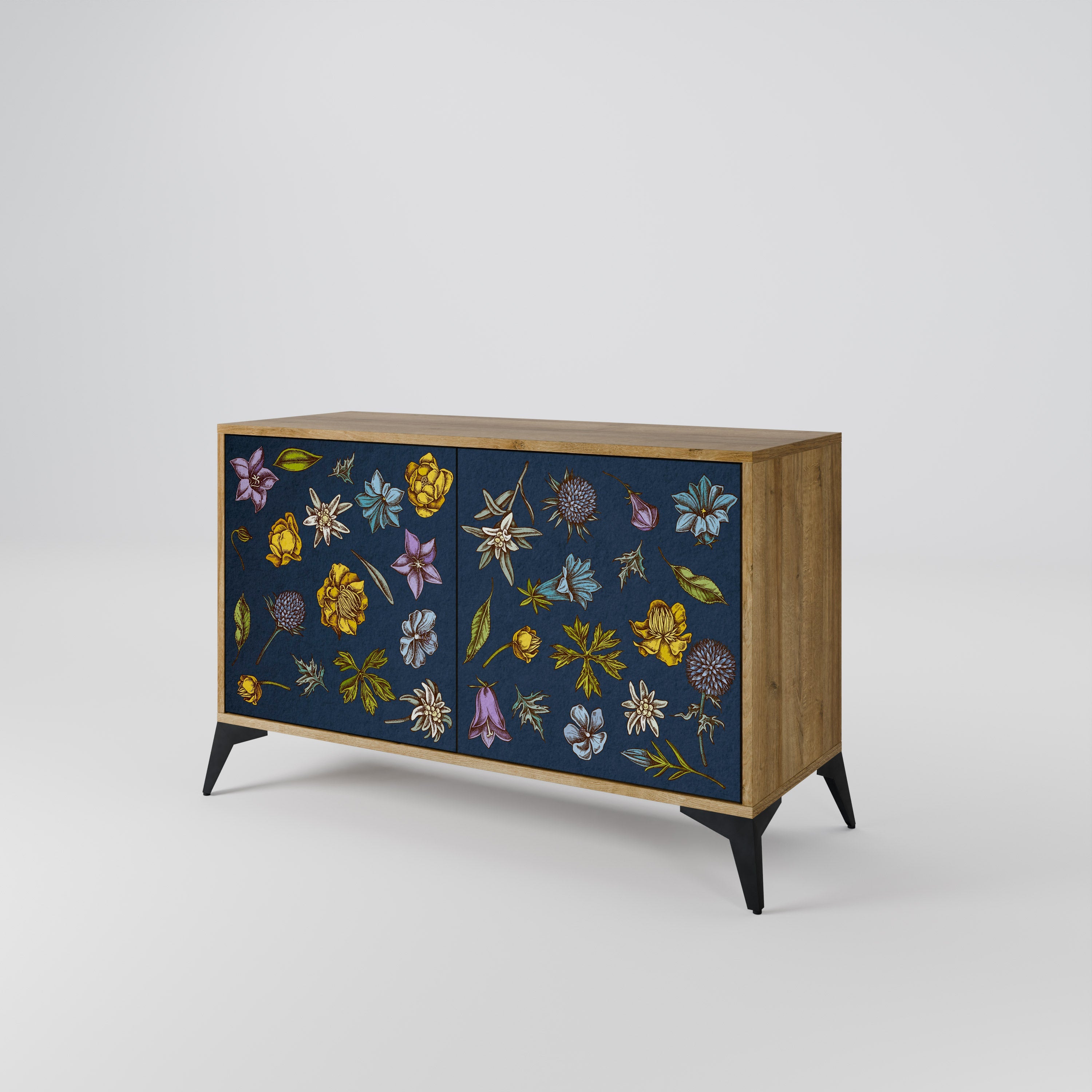 BLUMEN AUF MARINEBLAUEM Sideboard mit 2 Türen in Eichenoptik