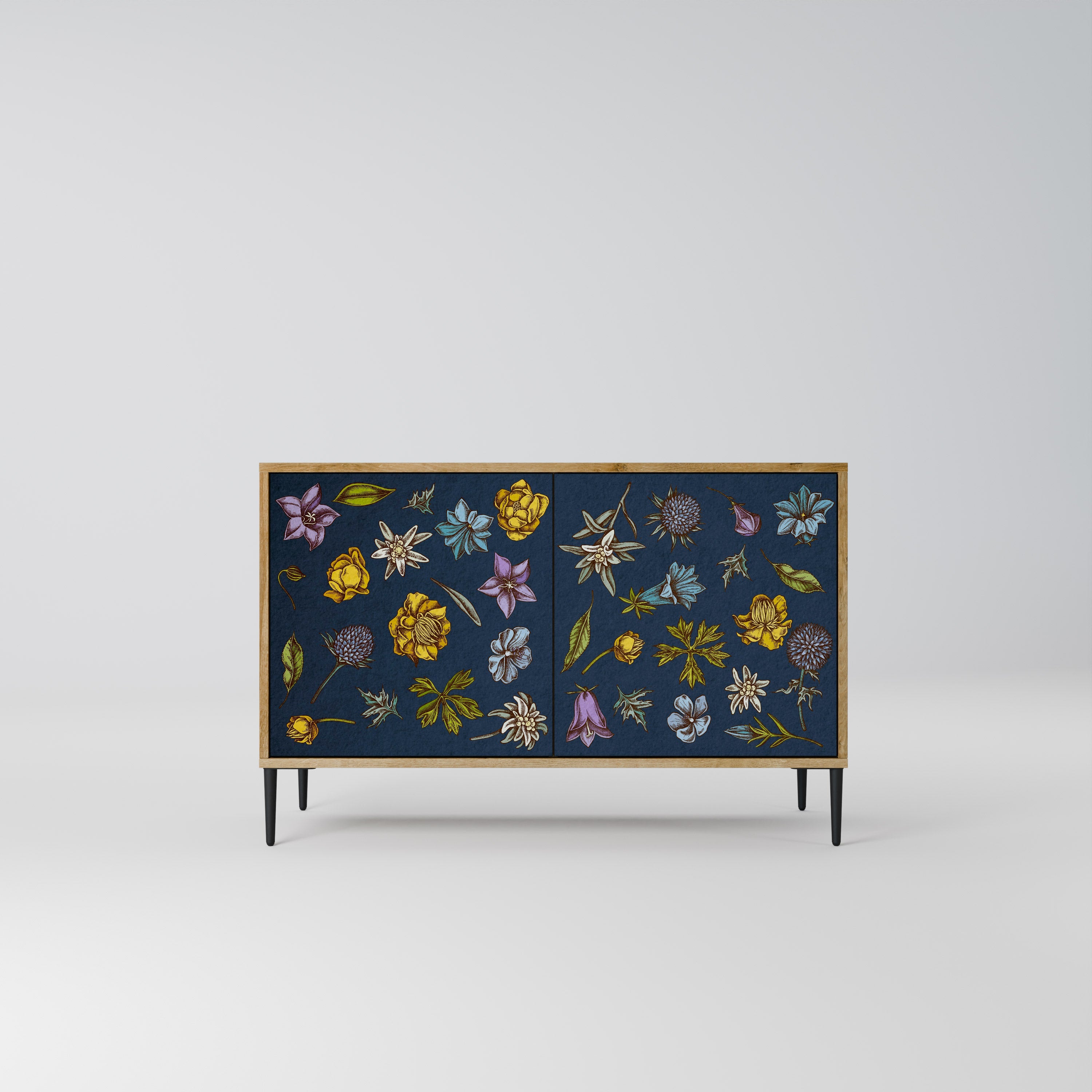 BLUMEN AUF MARINEBLAUEM Sideboard mit 2 Türen in Eichenoptik
