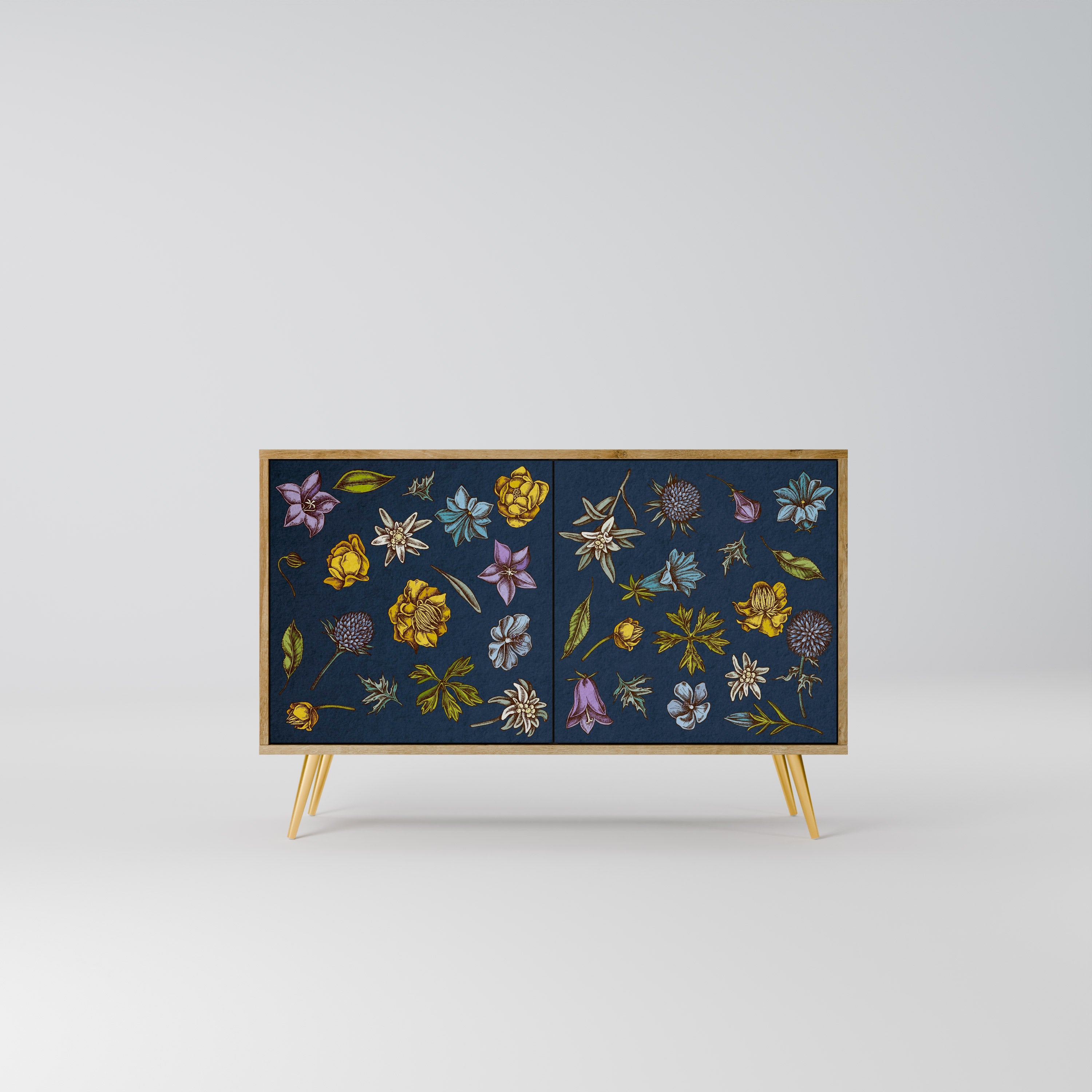 BLUMEN AUF MARINEBLAUEM Sideboard mit 2 Türen in Eichenoptik