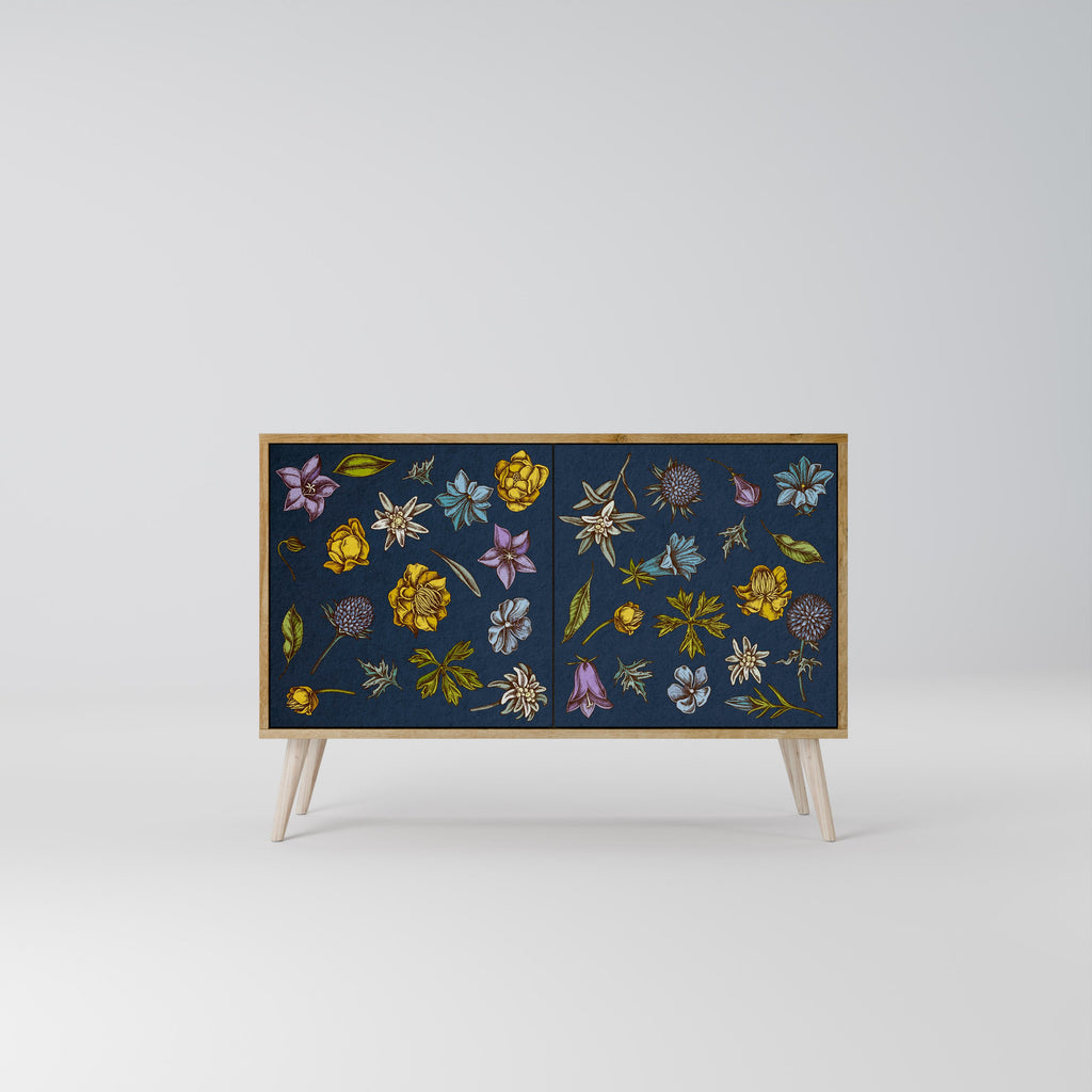 BLUMEN AUF MARINEBLAUEM Sideboard mit 2 Türen in Eichenoptik