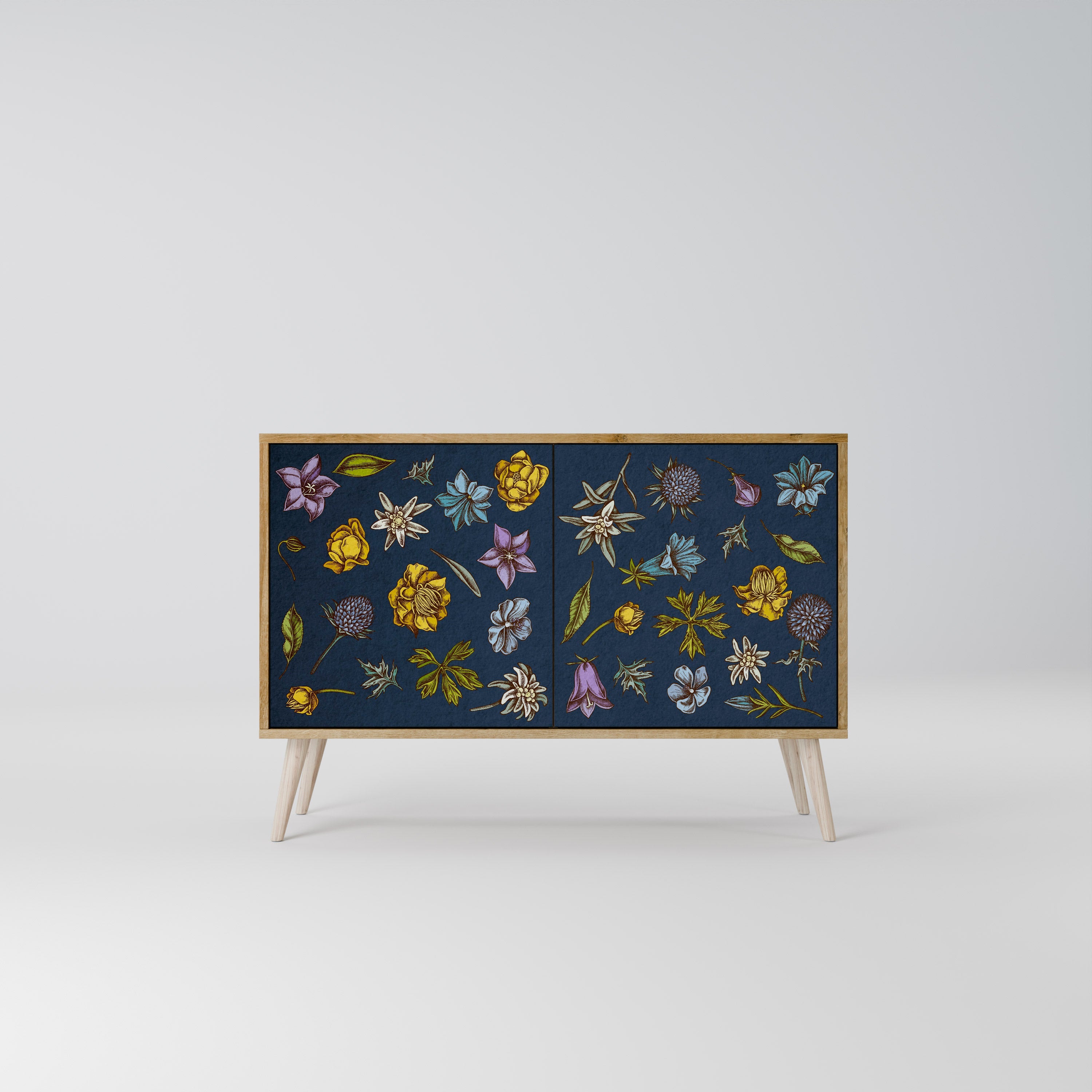BLUMEN AUF MARINEBLAUEM Sideboard mit 2 Türen in Eichenoptik