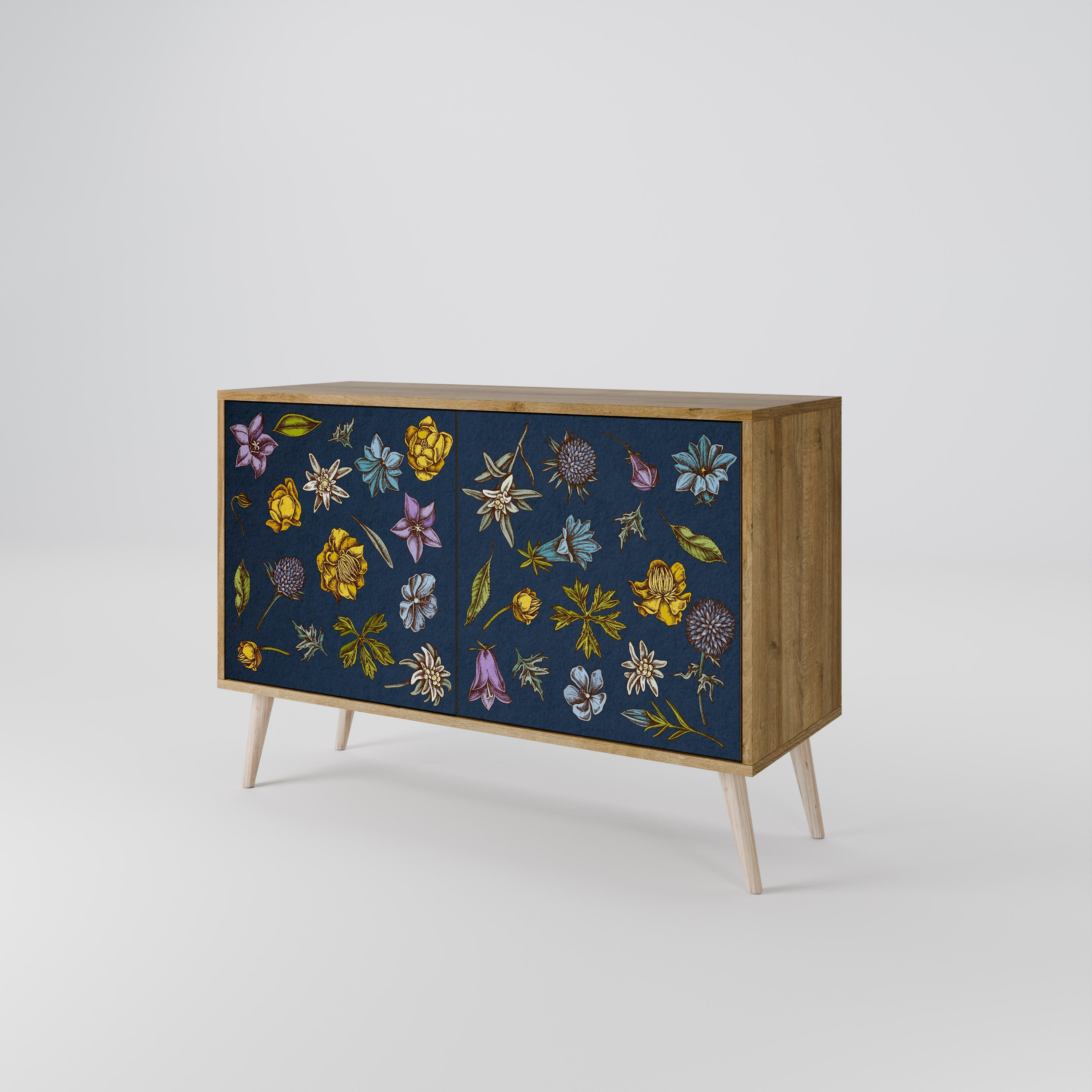 BLUMEN AUF MARINEBLAUEM Sideboard mit 2 Türen in Eichenoptik