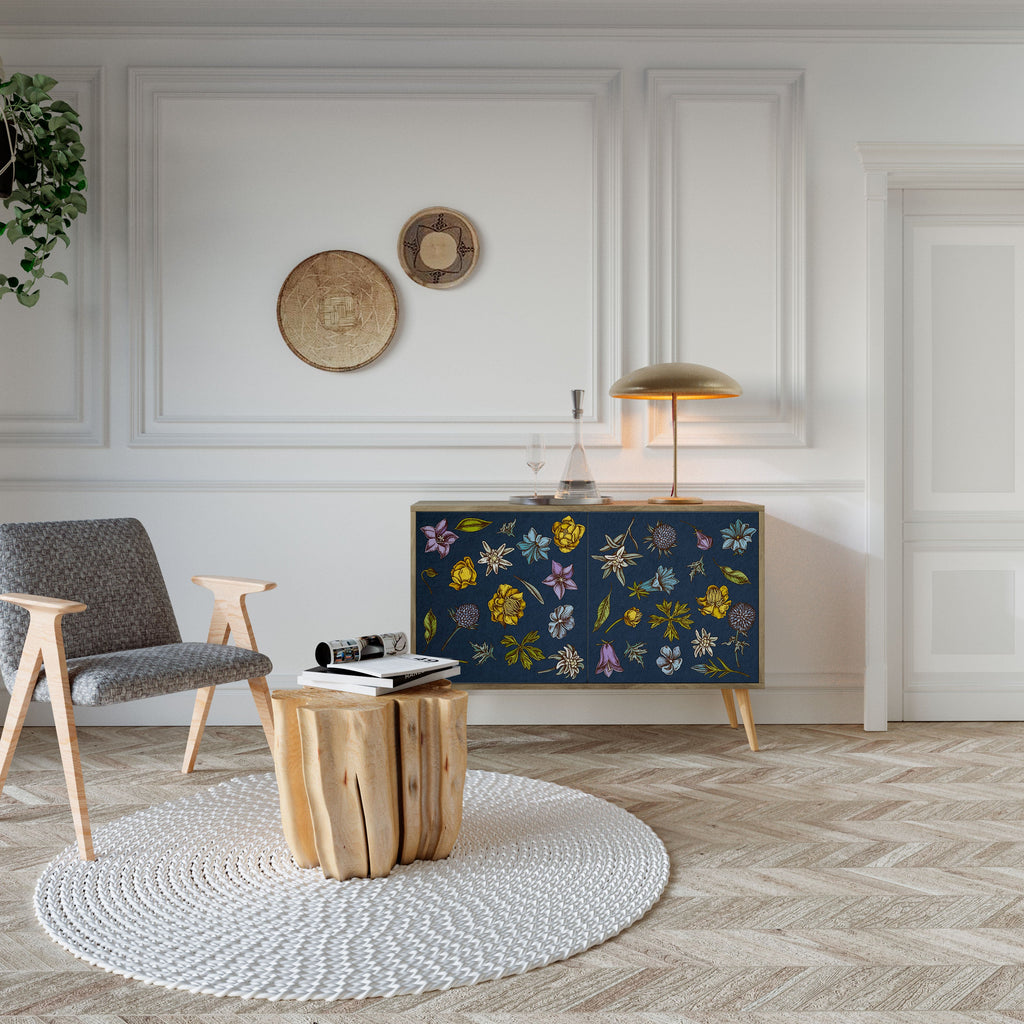 BLUMEN AUF MARINEBLAUEM Sideboard mit 2 Türen in Eichenoptik