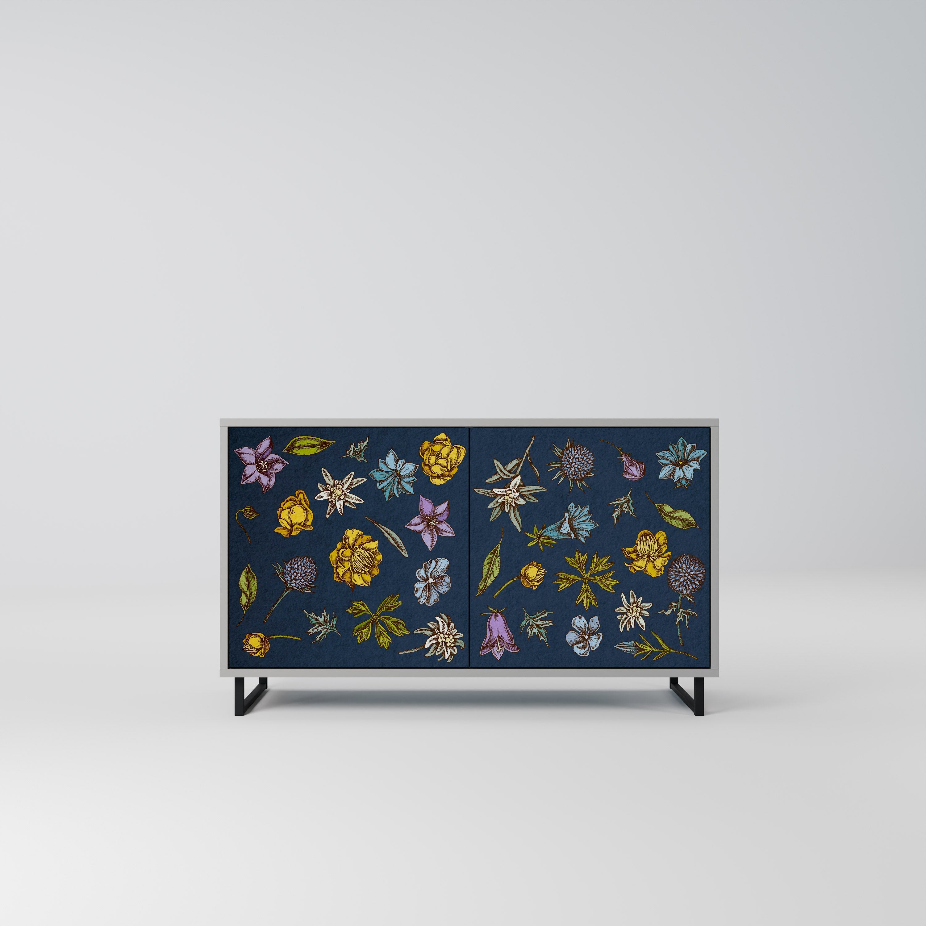 FLOWERS ON NAVY BLUE Sideboard mit 2 Türen in Grau