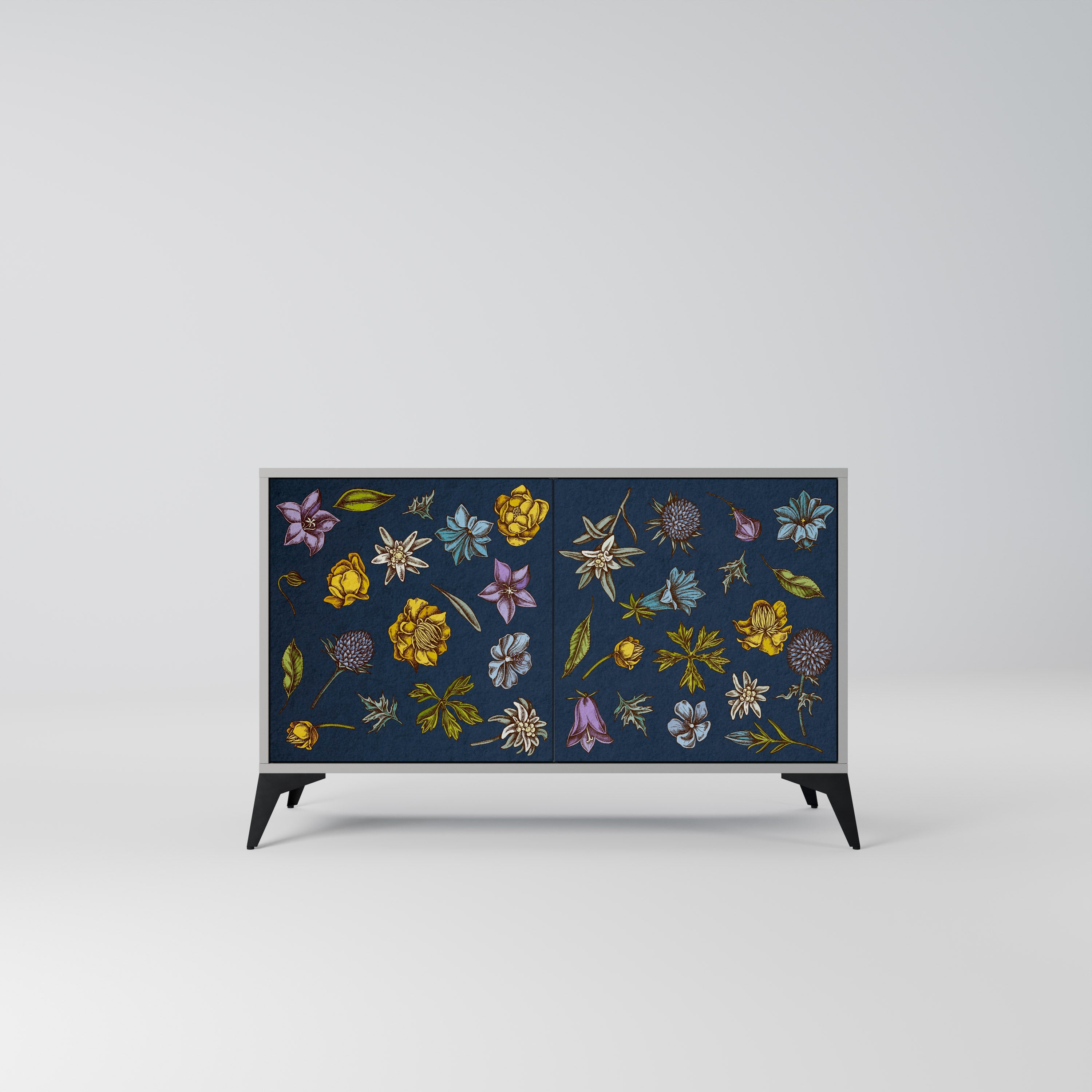 FLOWERS ON NAVY BLUE Sideboard mit 2 Türen in Grau