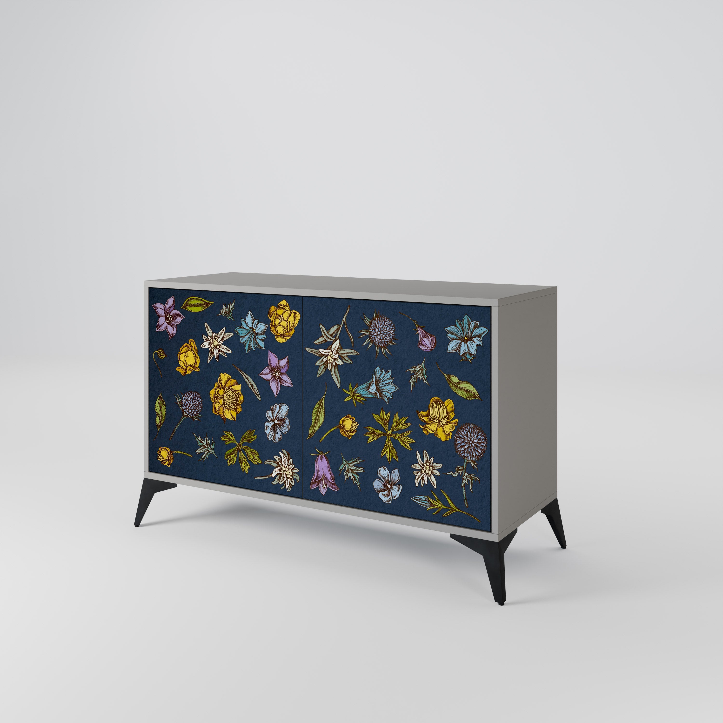 FLOWERS ON NAVY BLUE Sideboard mit 2 Türen in Grau