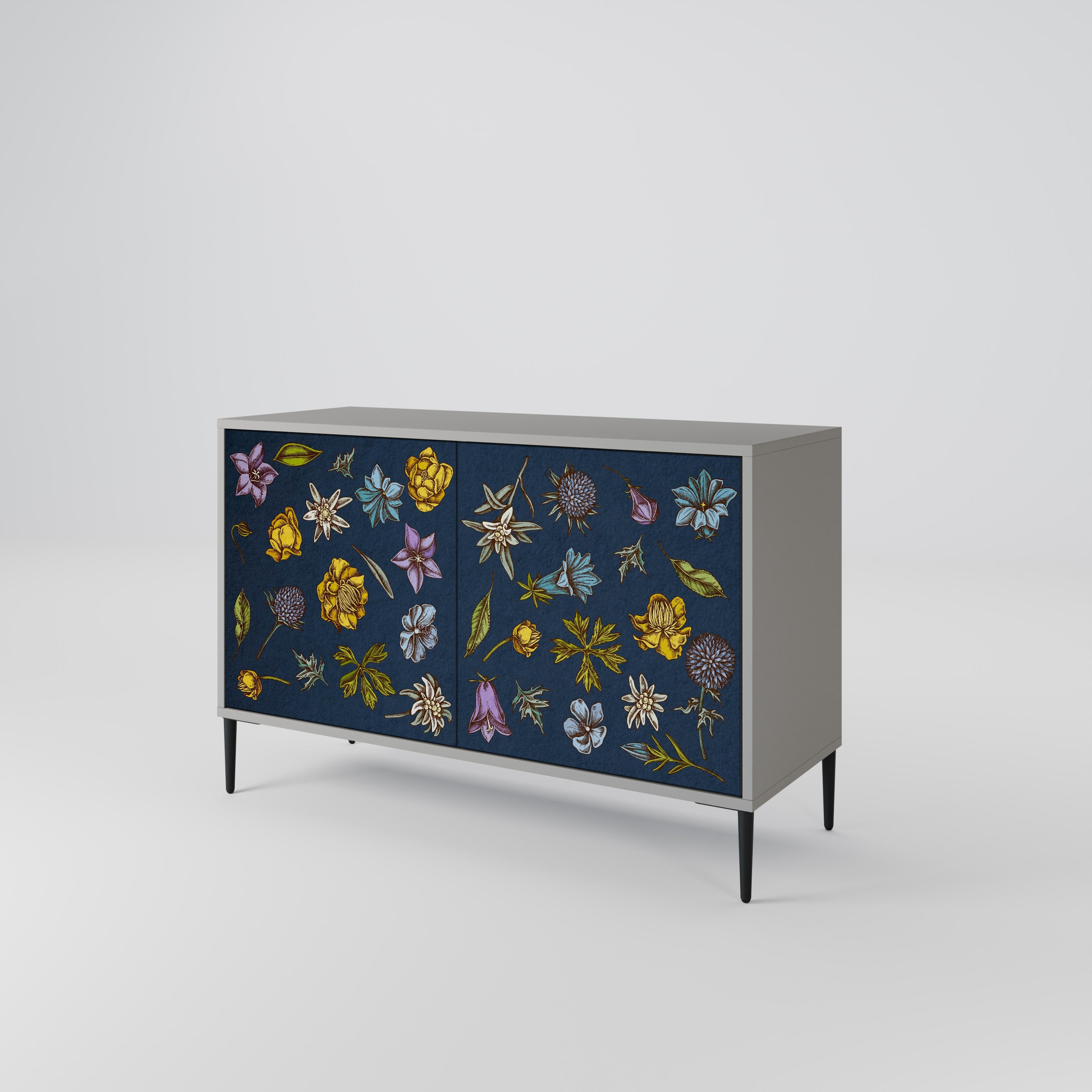 FLOWERS ON NAVY BLUE Sideboard mit 2 Türen in Grau