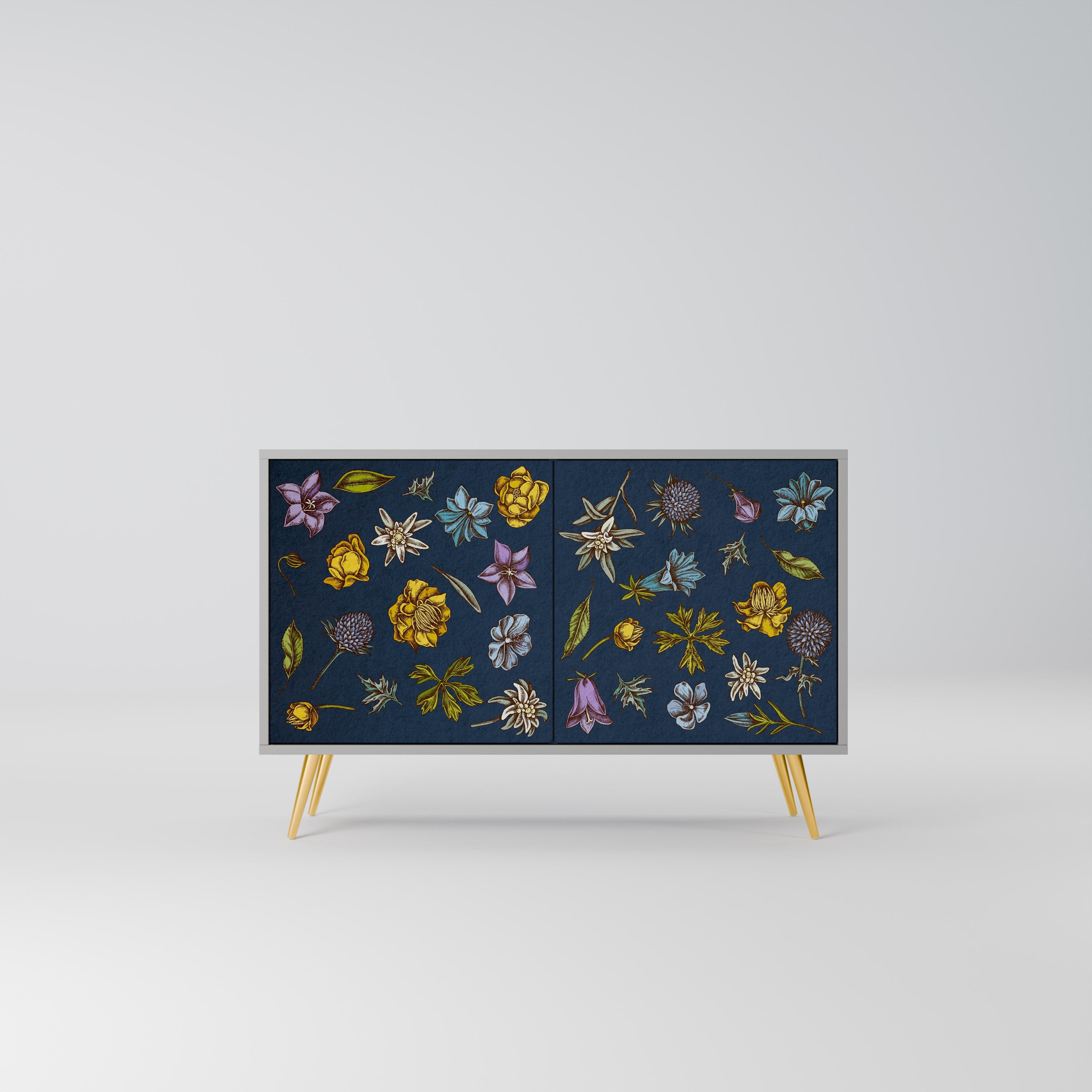 FLOWERS ON NAVY BLUE Sideboard mit 2 Türen in Grau