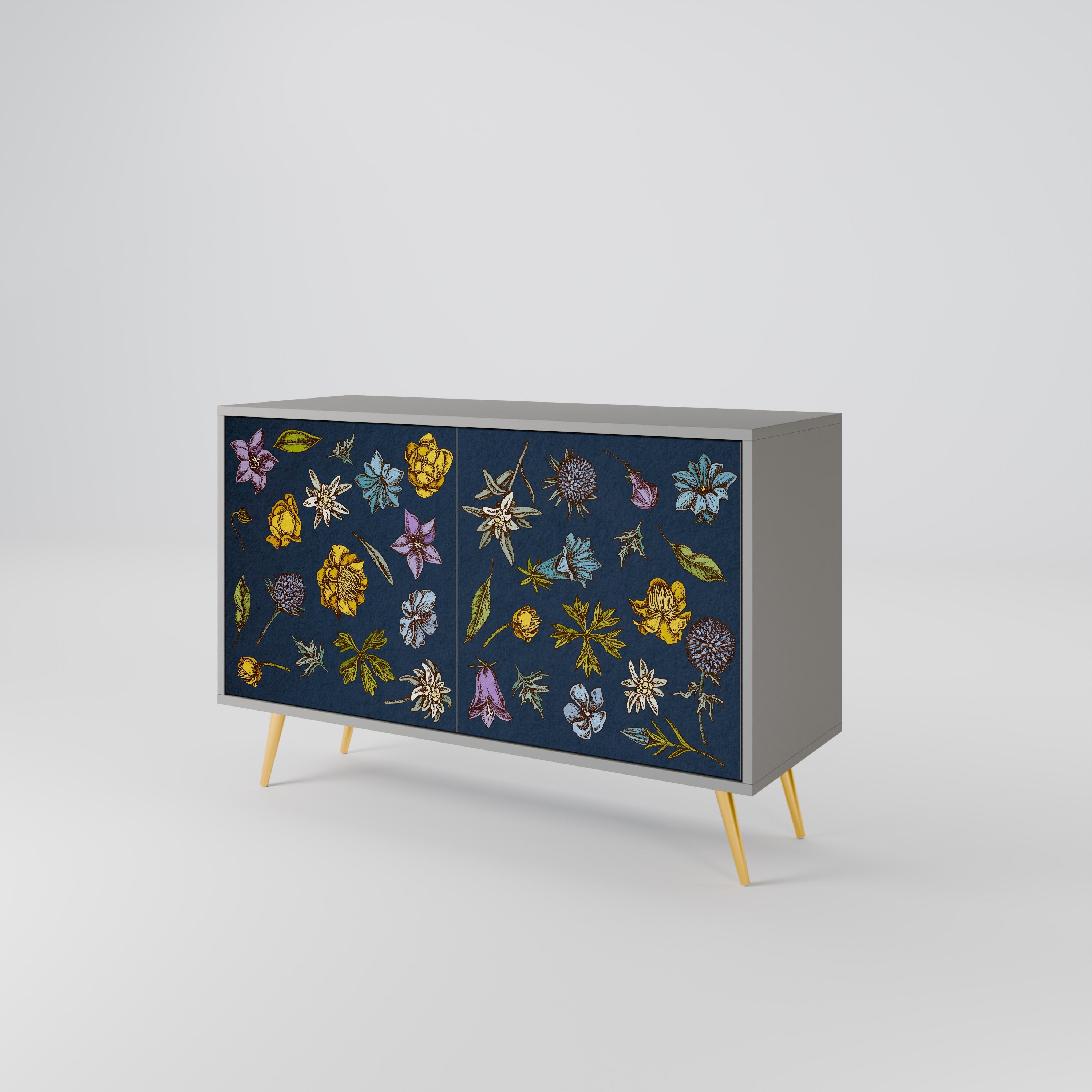 FLOWERS ON NAVY BLUE Sideboard mit 2 Türen in Grau