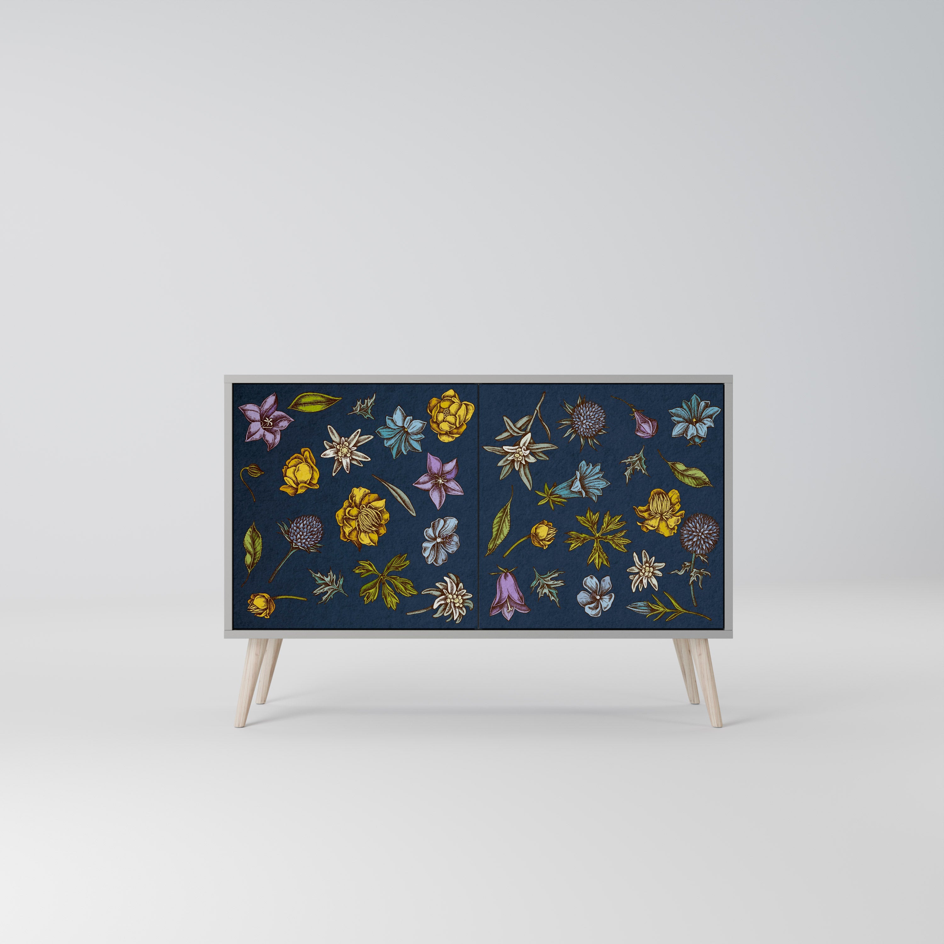 FLOWERS ON NAVY BLUE Sideboard mit 2 Türen in Grau