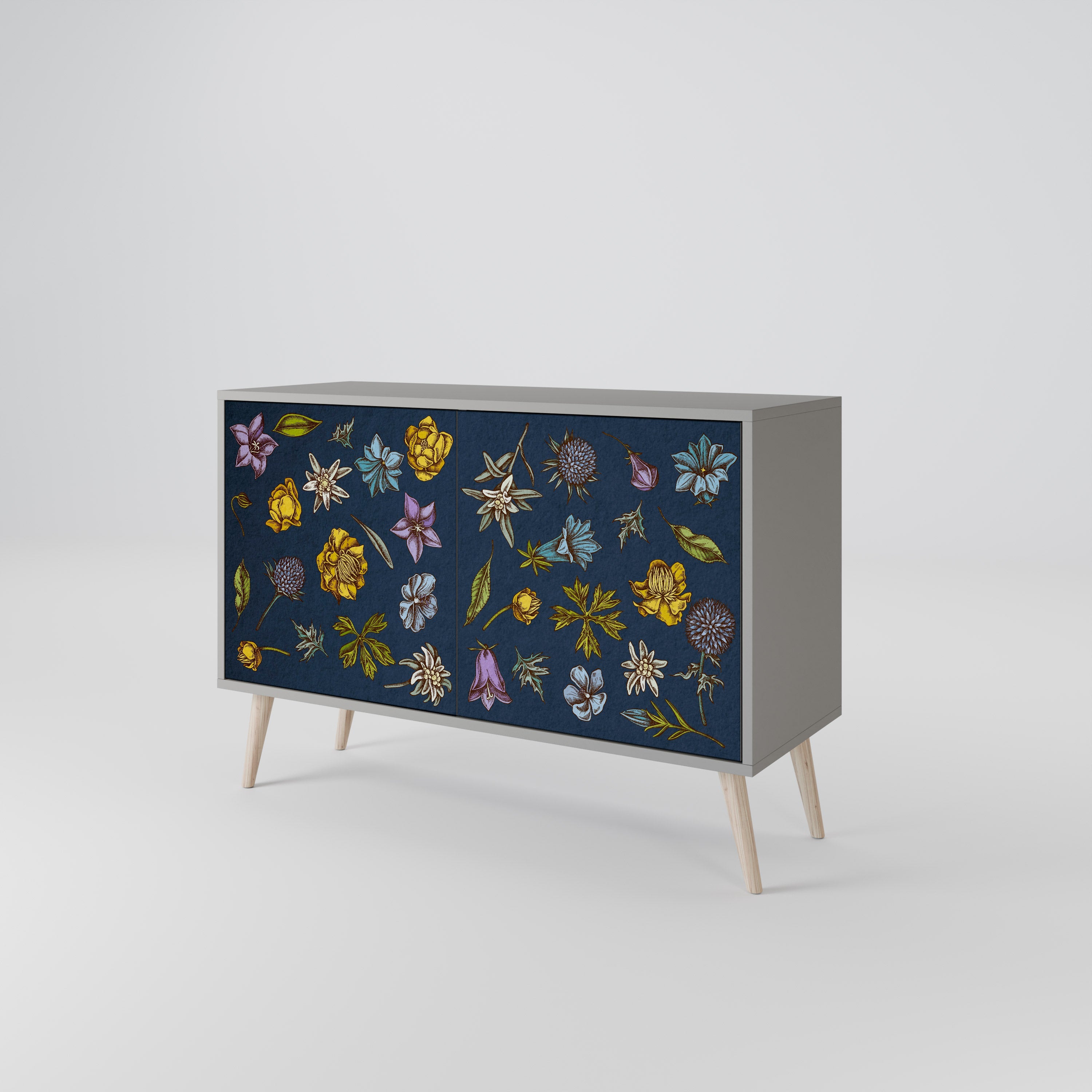 FLOWERS ON NAVY BLUE Sideboard mit 2 Türen in Grau