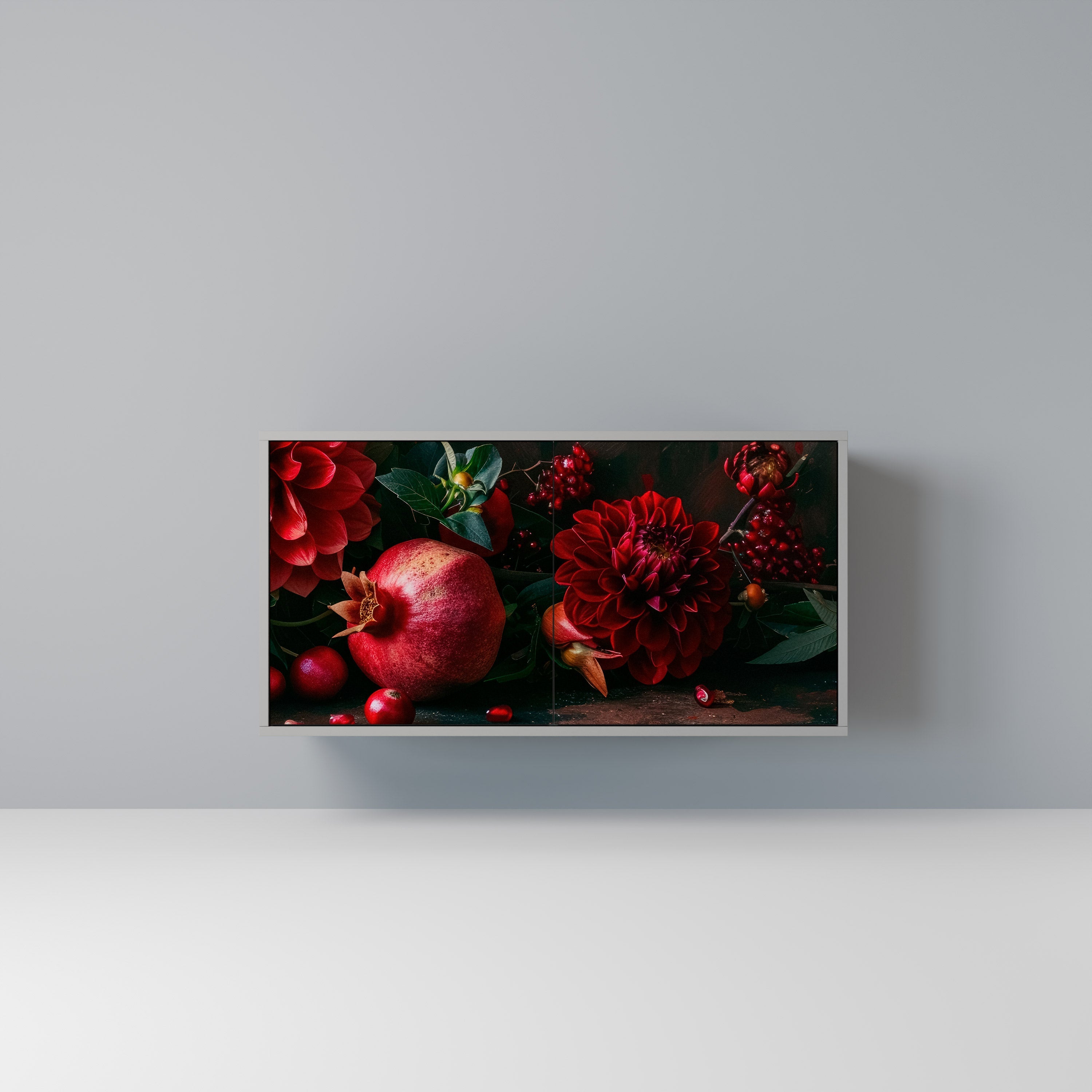 DAHLIAS AND POMEGRANATES Sideboard mit 2 Türen in Grau
