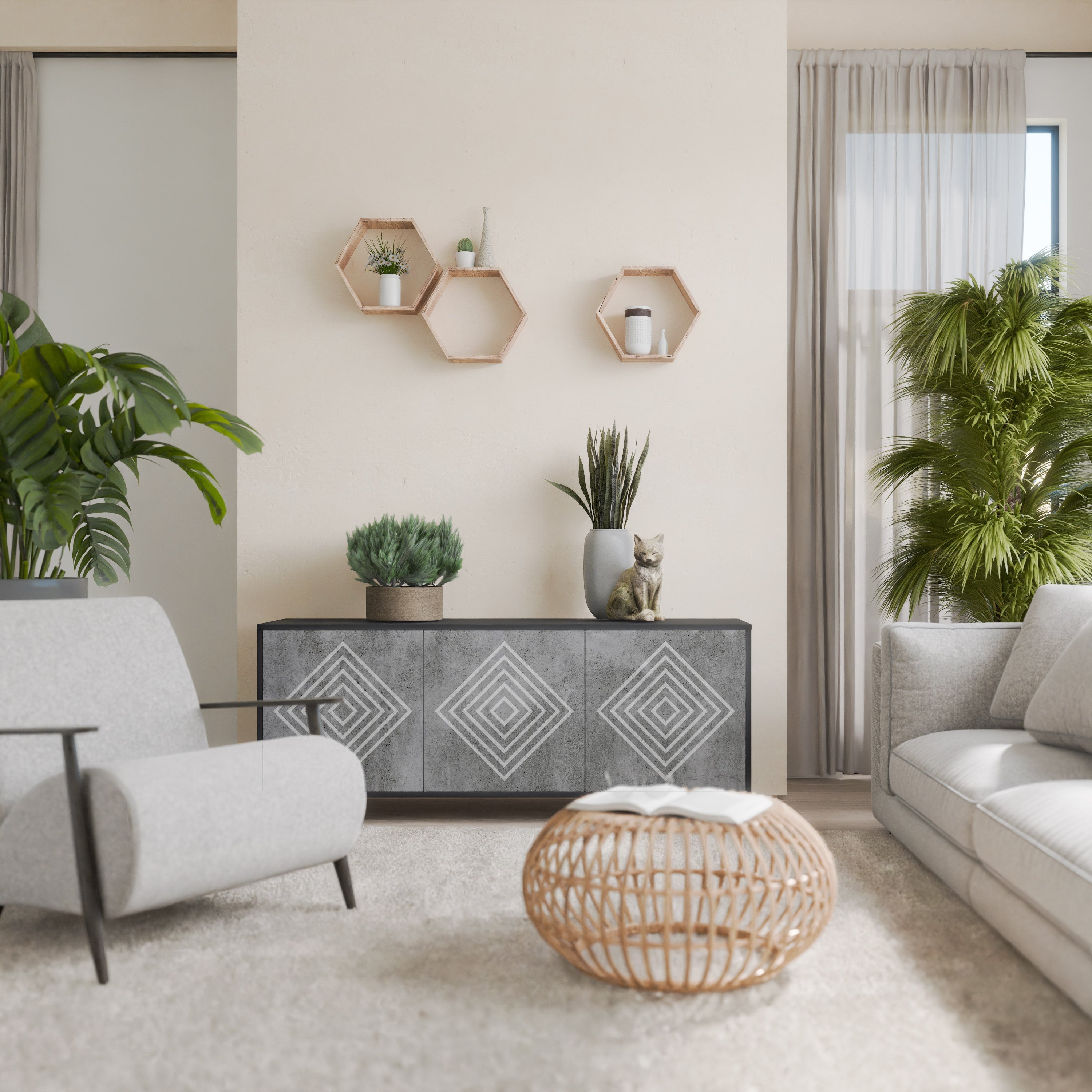 POLYGONAL ARTISTRY Sideboard mit 3 Türen in Schwarz