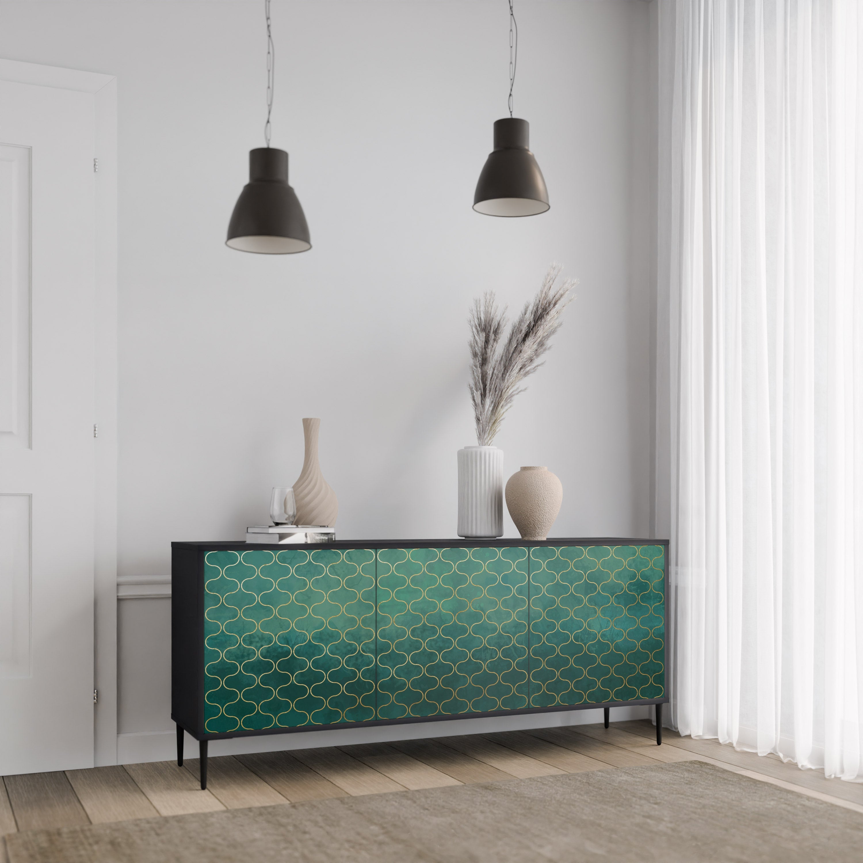 TESSELATED GREENERY Sideboard mit 3 Türen in Schwarz