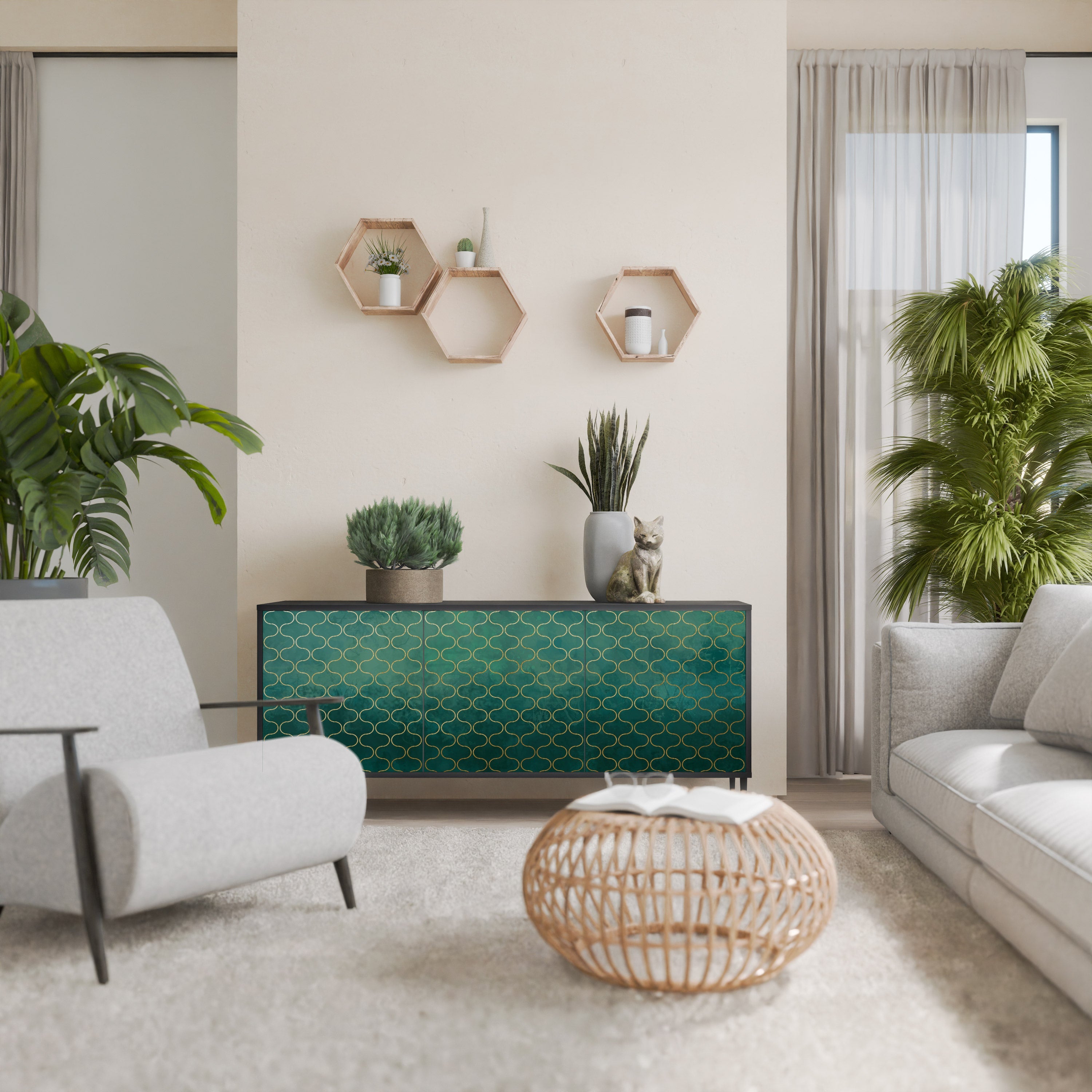 TESSELATED GREENERY Sideboard mit 3 Türen in Schwarz