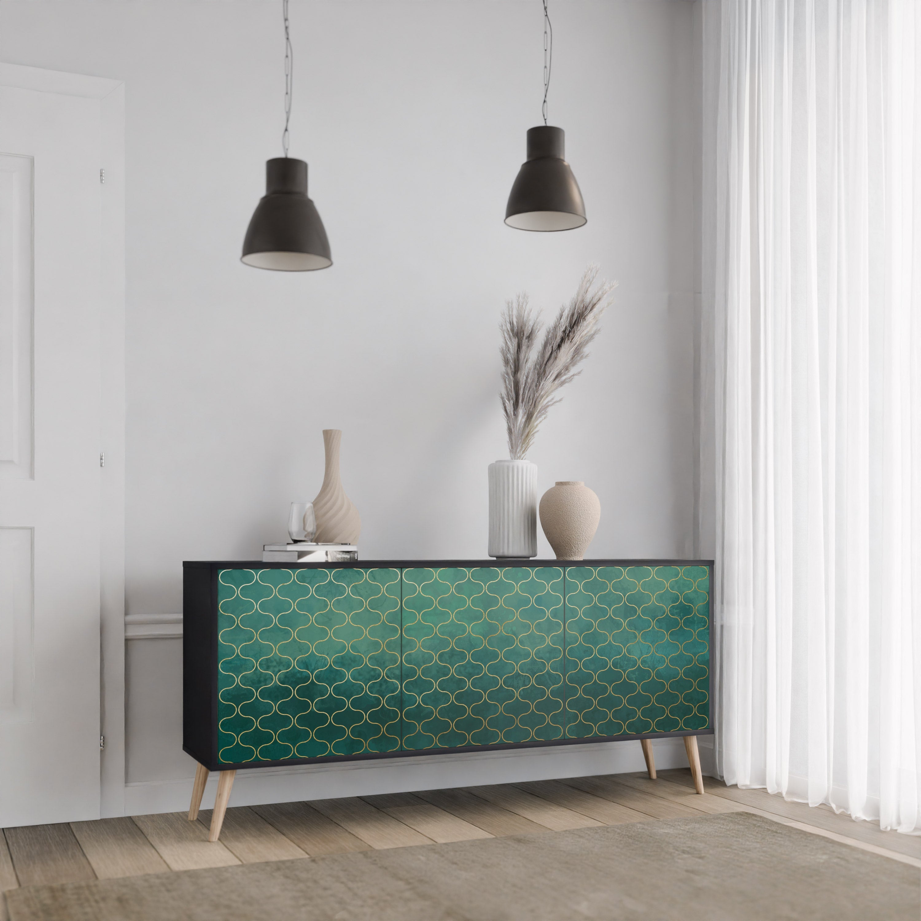 TESSELATED GREENERY 3-Door Sideboard in Black Finish