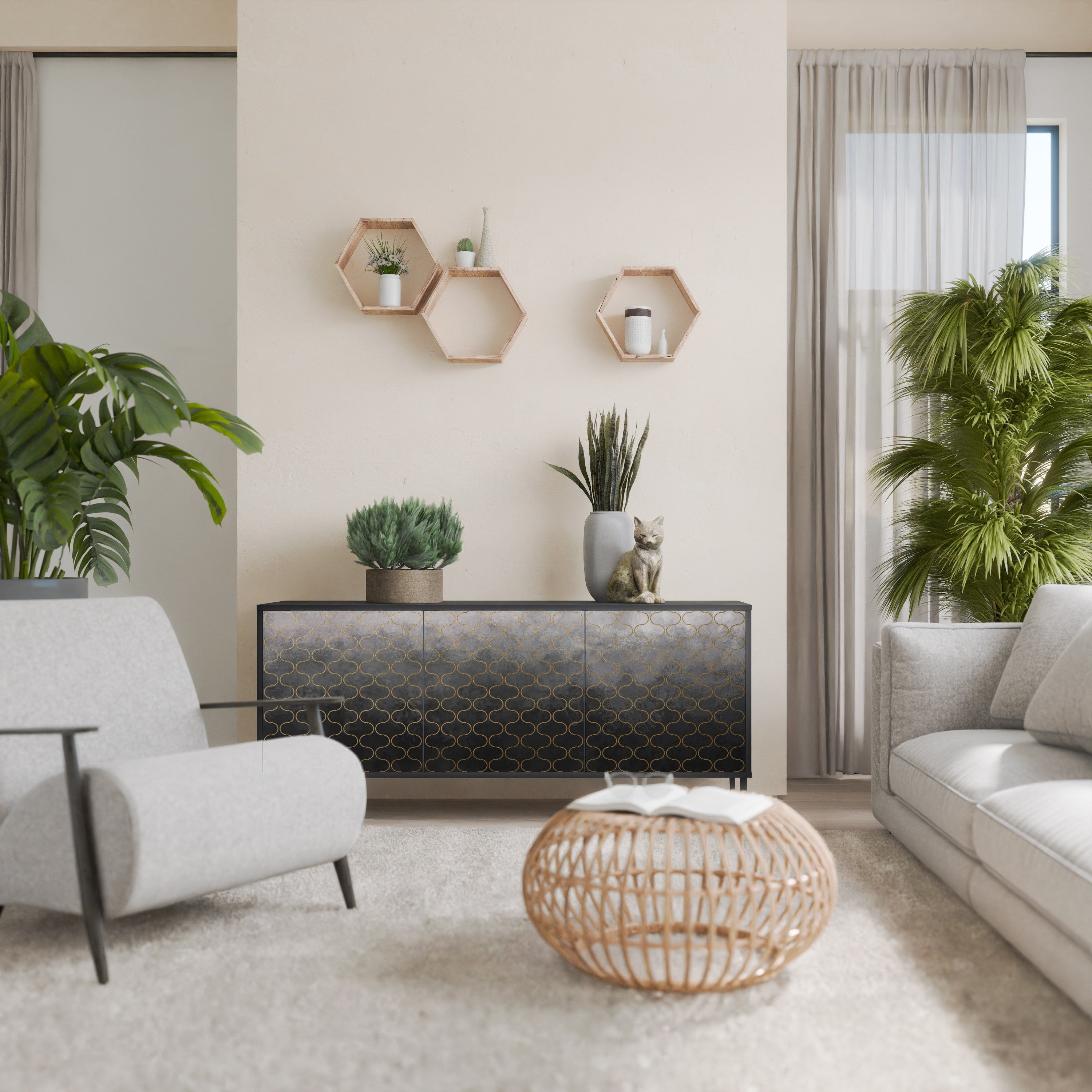 TESSELATED GRAYISH Sideboard mit 3 Türen in Schwarz