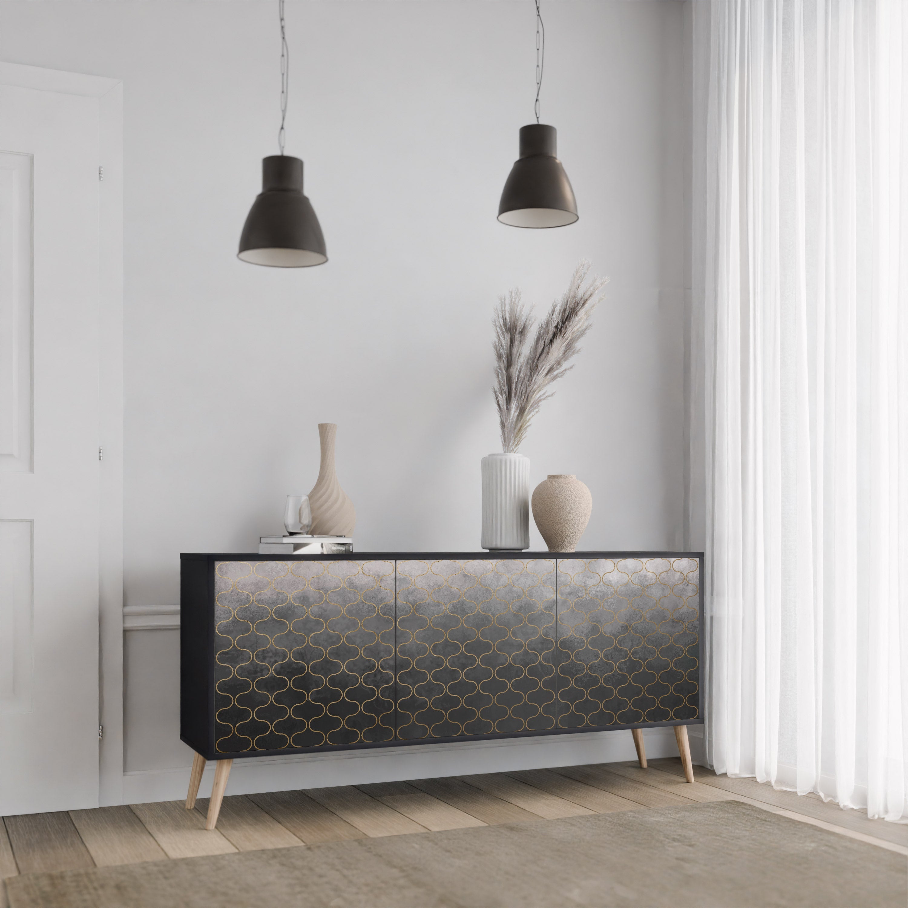 TESSELATED GRAYISH Sideboard mit 3 Türen in Schwarz