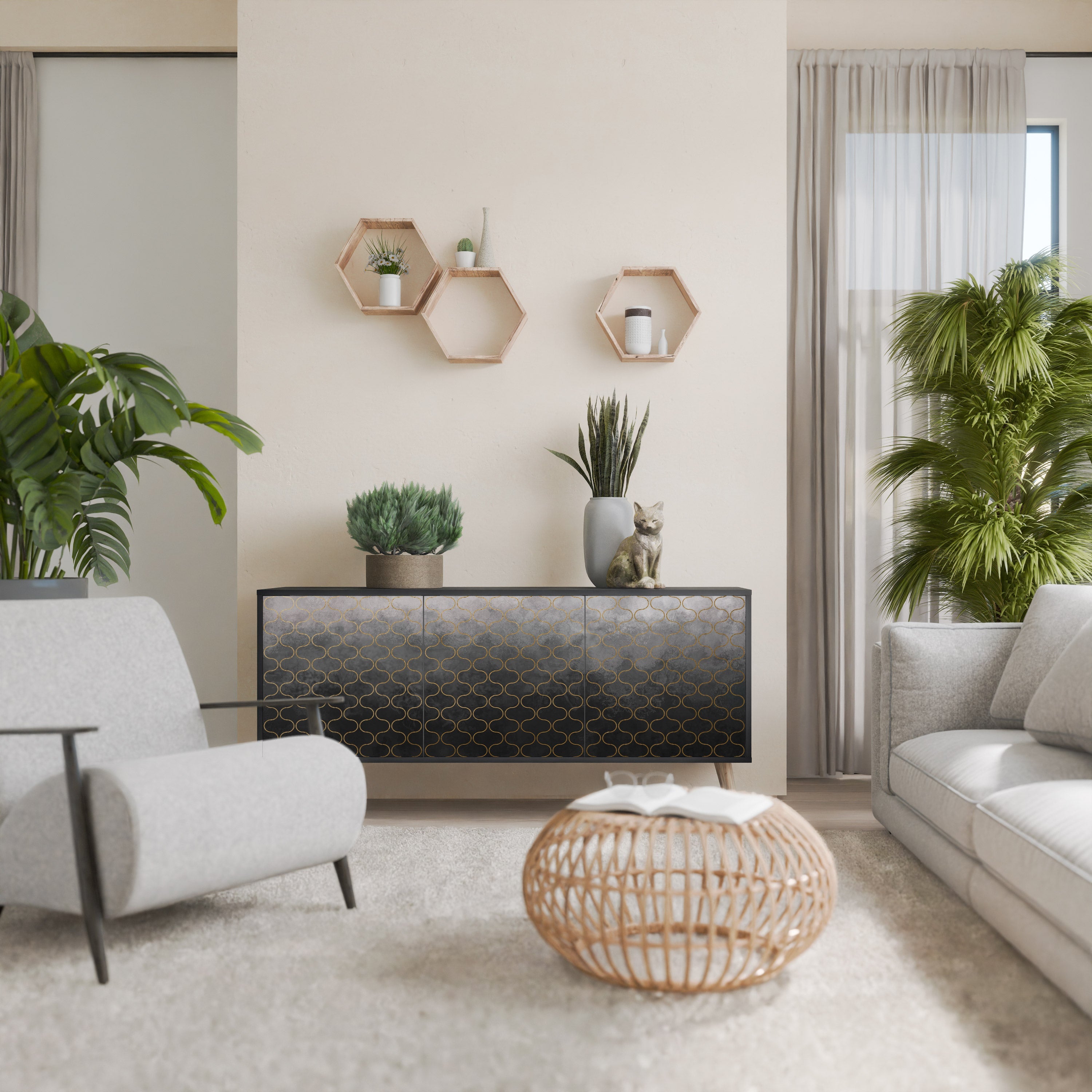 TESSELATED GRAYISH Sideboard mit 3 Türen in Schwarz