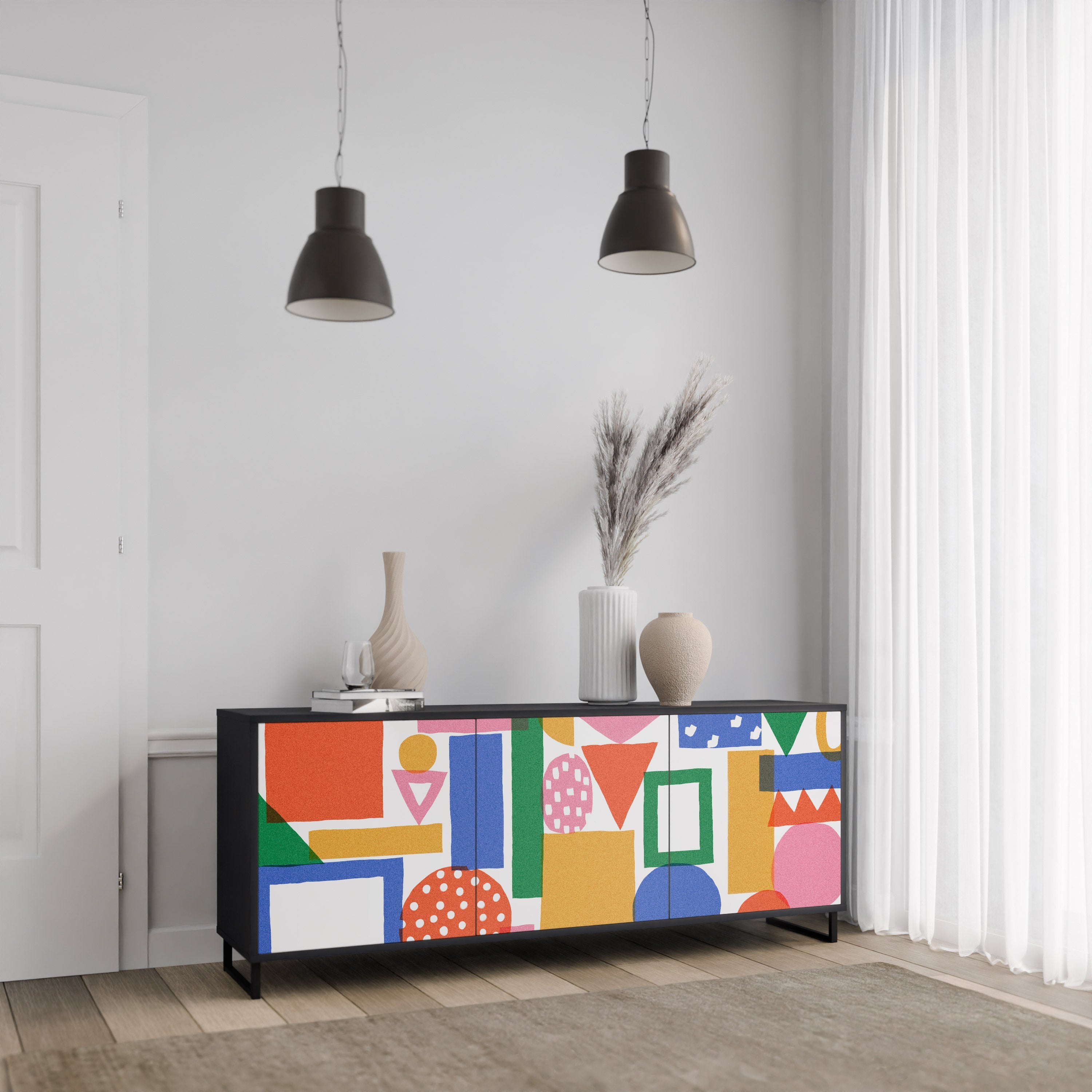 GEOMETRIC GLIMMER Sideboard mit 3 Türen in Schwarz