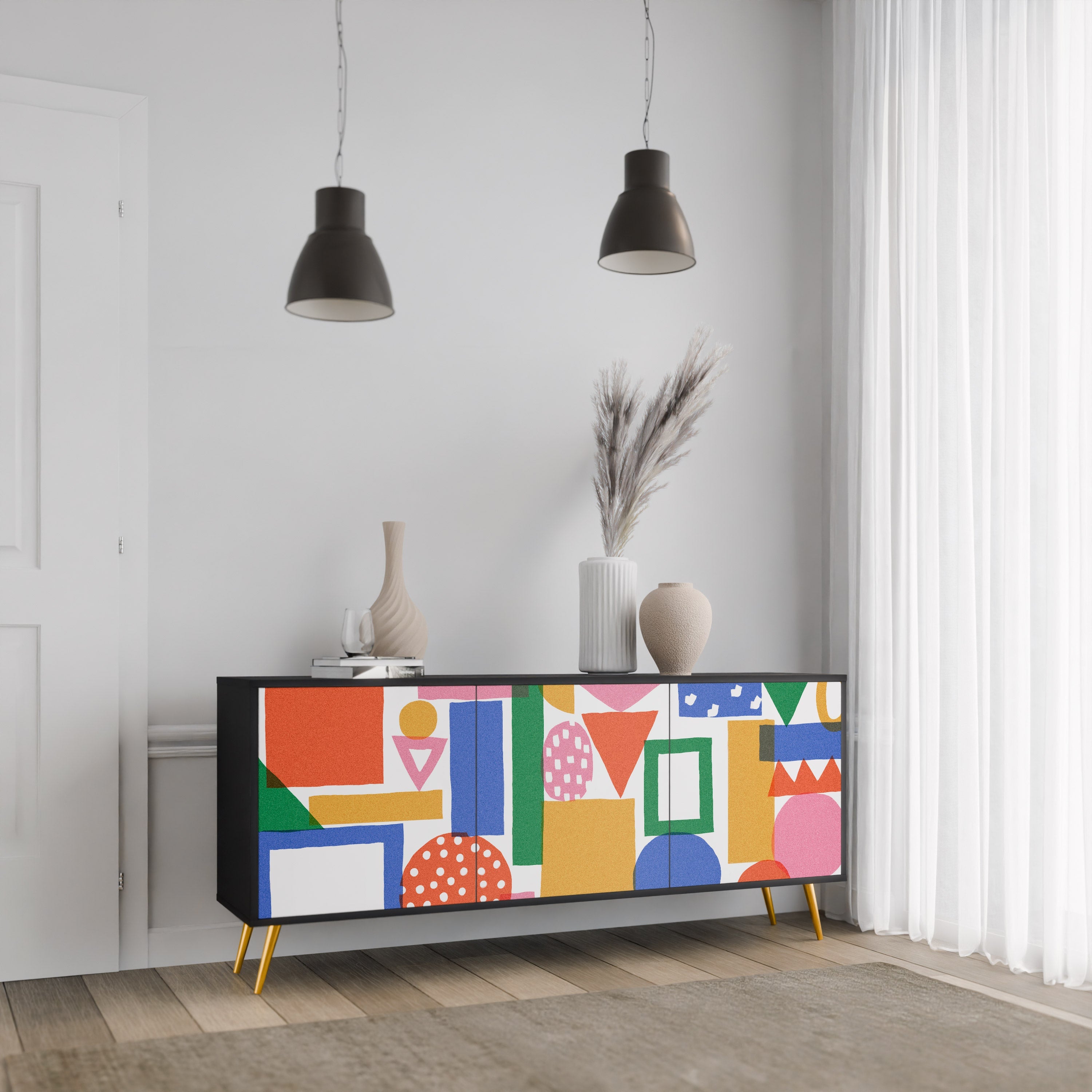 GEOMETRIC GLIMMER Sideboard mit 3 Türen in Schwarz