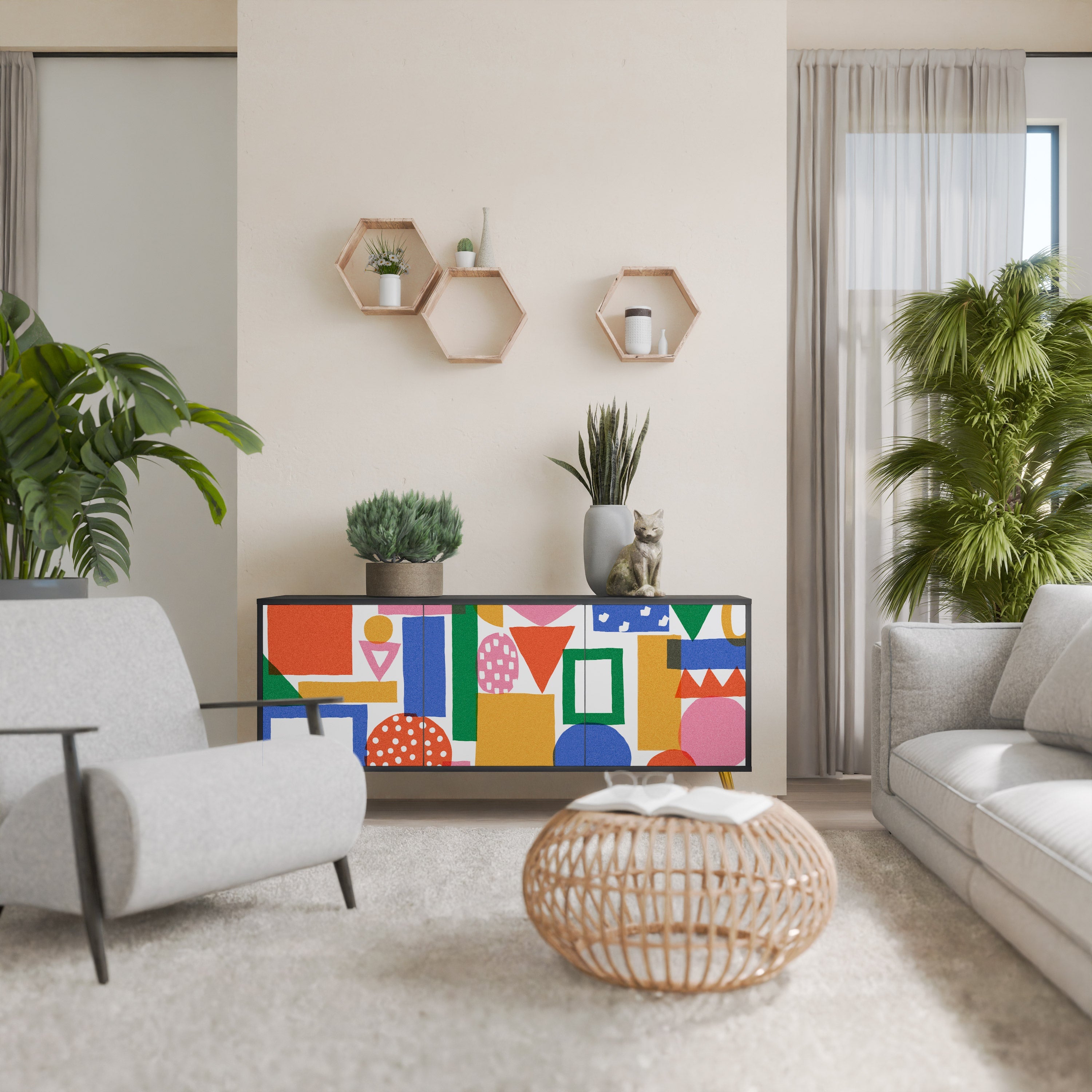 GEOMETRIC GLIMMER Sideboard mit 3 Türen in Schwarz