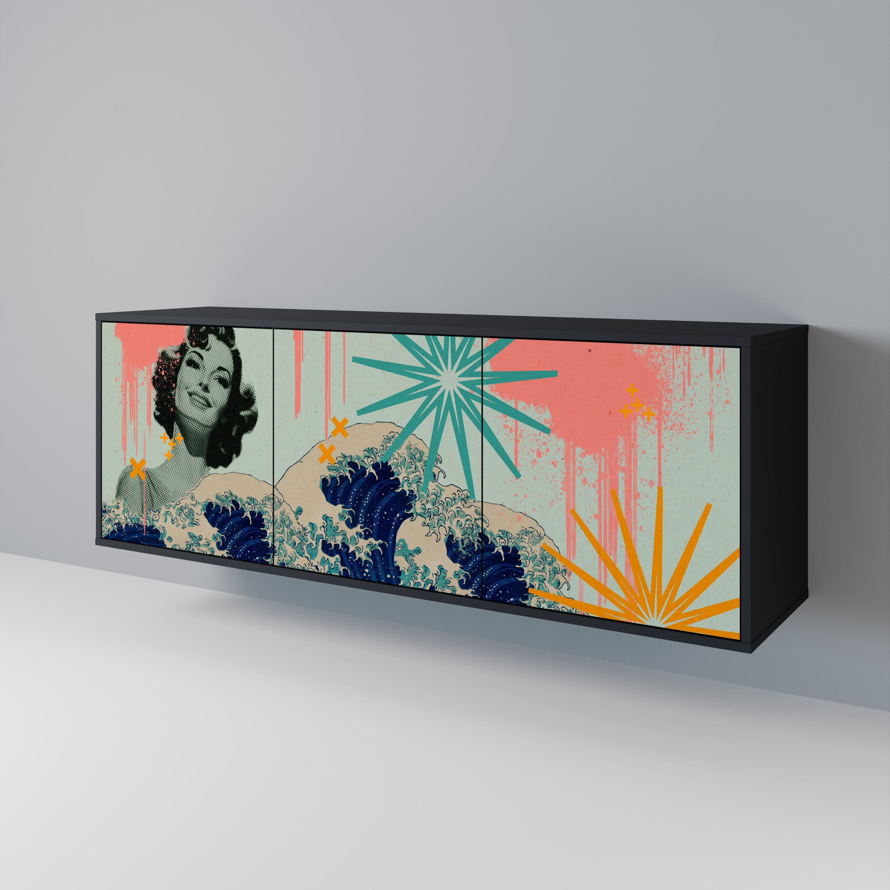 KANAGAWA BEAUTY Sideboard mit 3 Türen in Schwarz