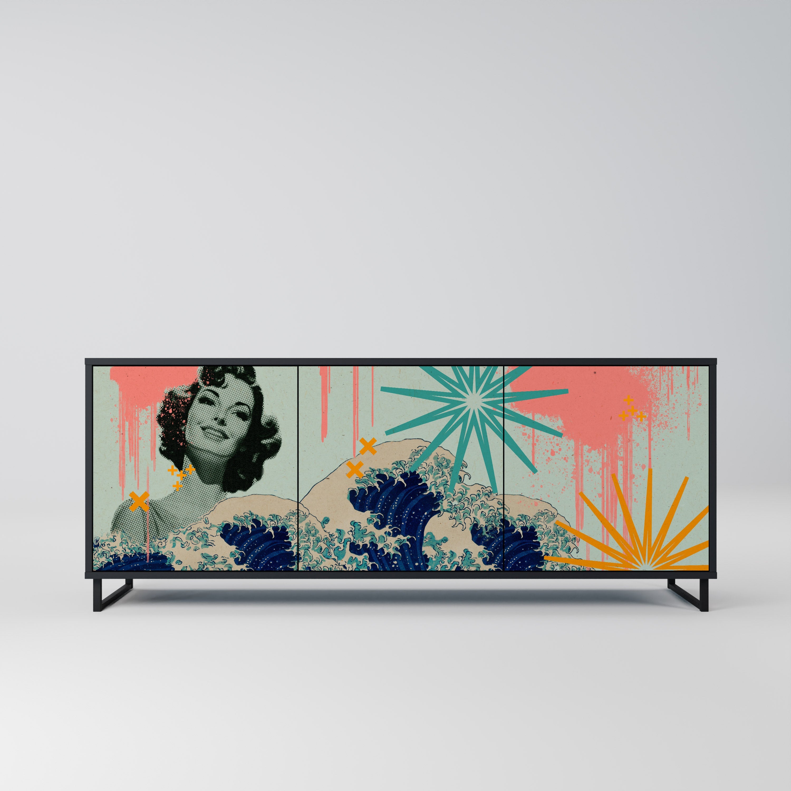 KANAGAWA BEAUTY Sideboard mit 3 Türen in Schwarz