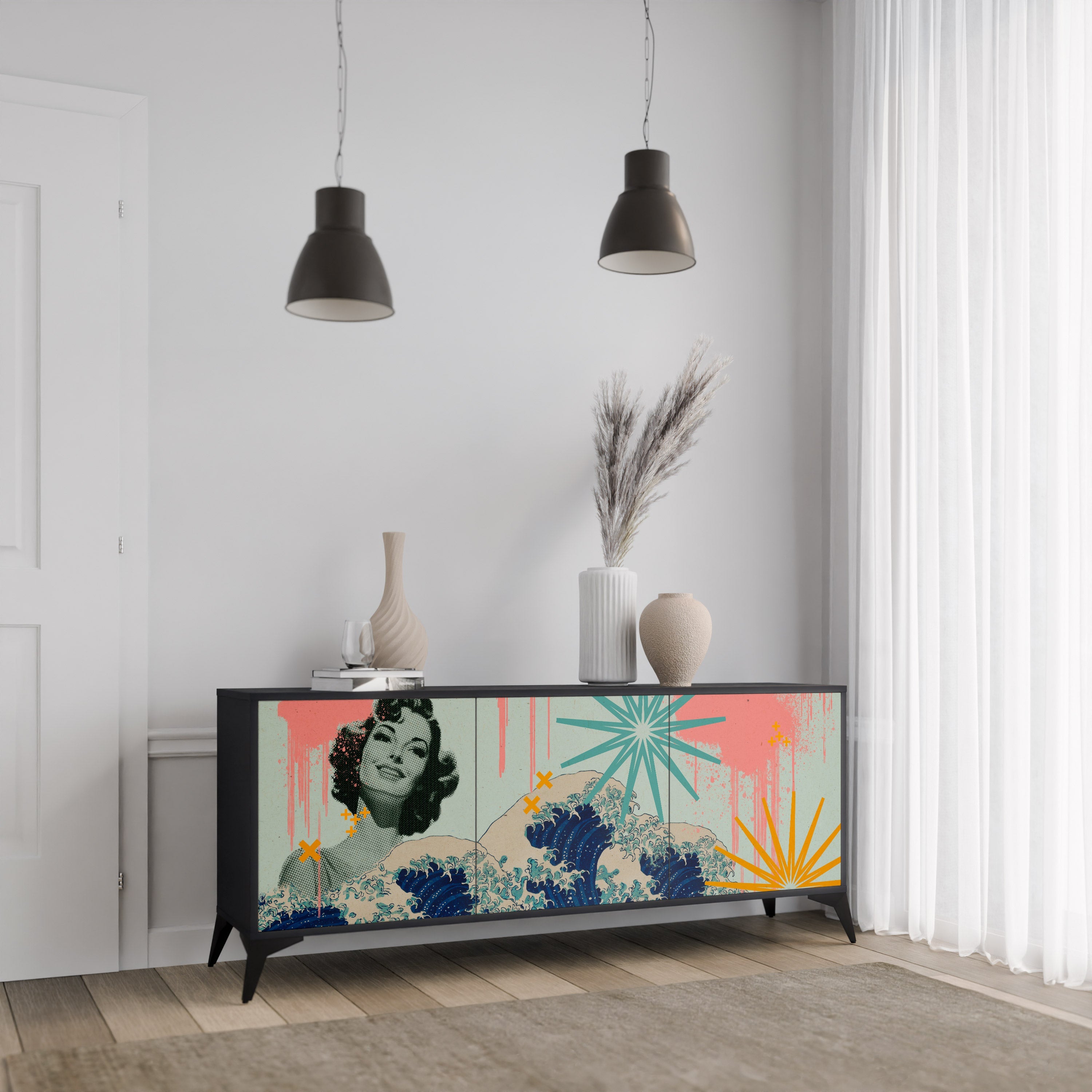 KANAGAWA BEAUTY Sideboard mit 3 Türen in Schwarz
