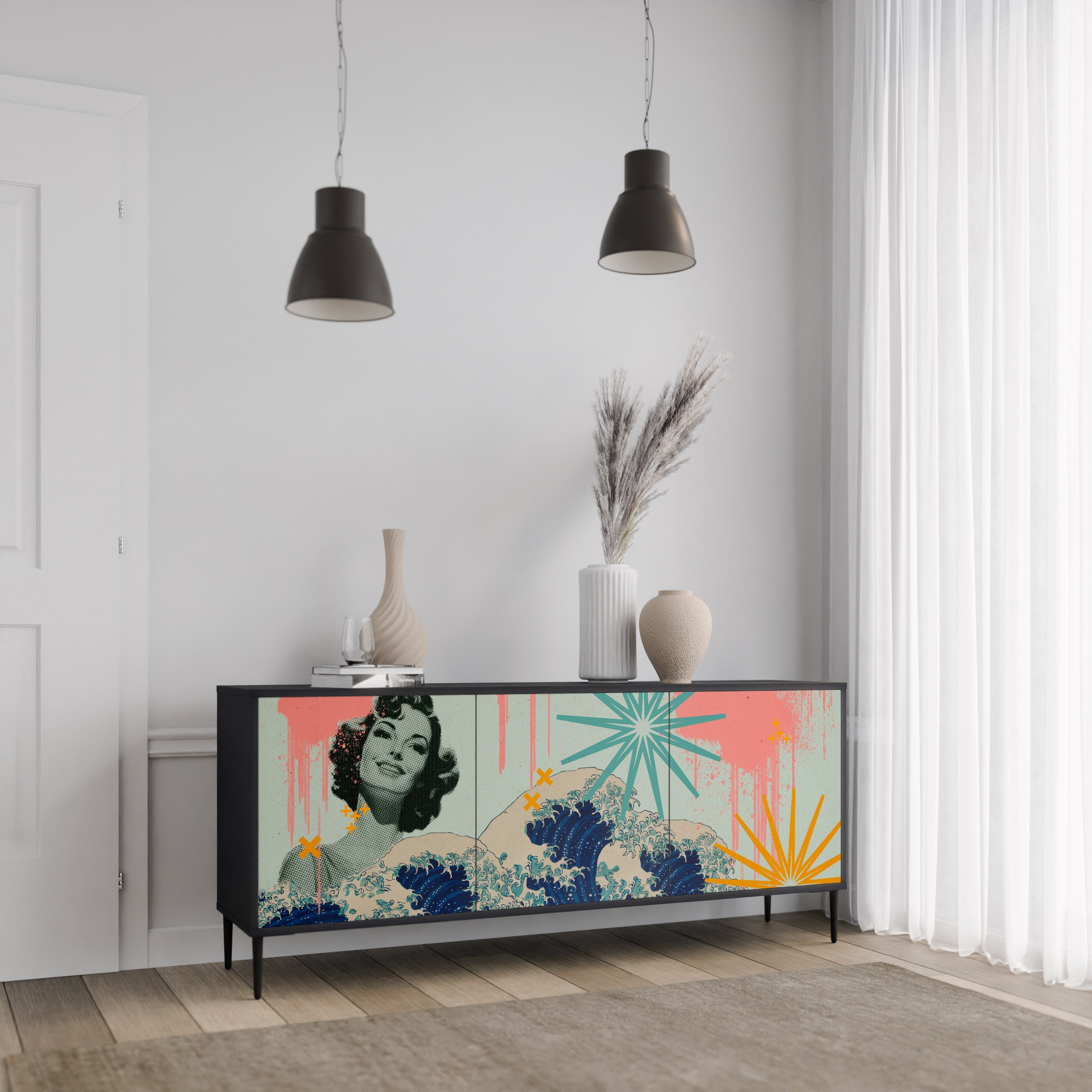 KANAGAWA BEAUTY Sideboard mit 3 Türen in Schwarz