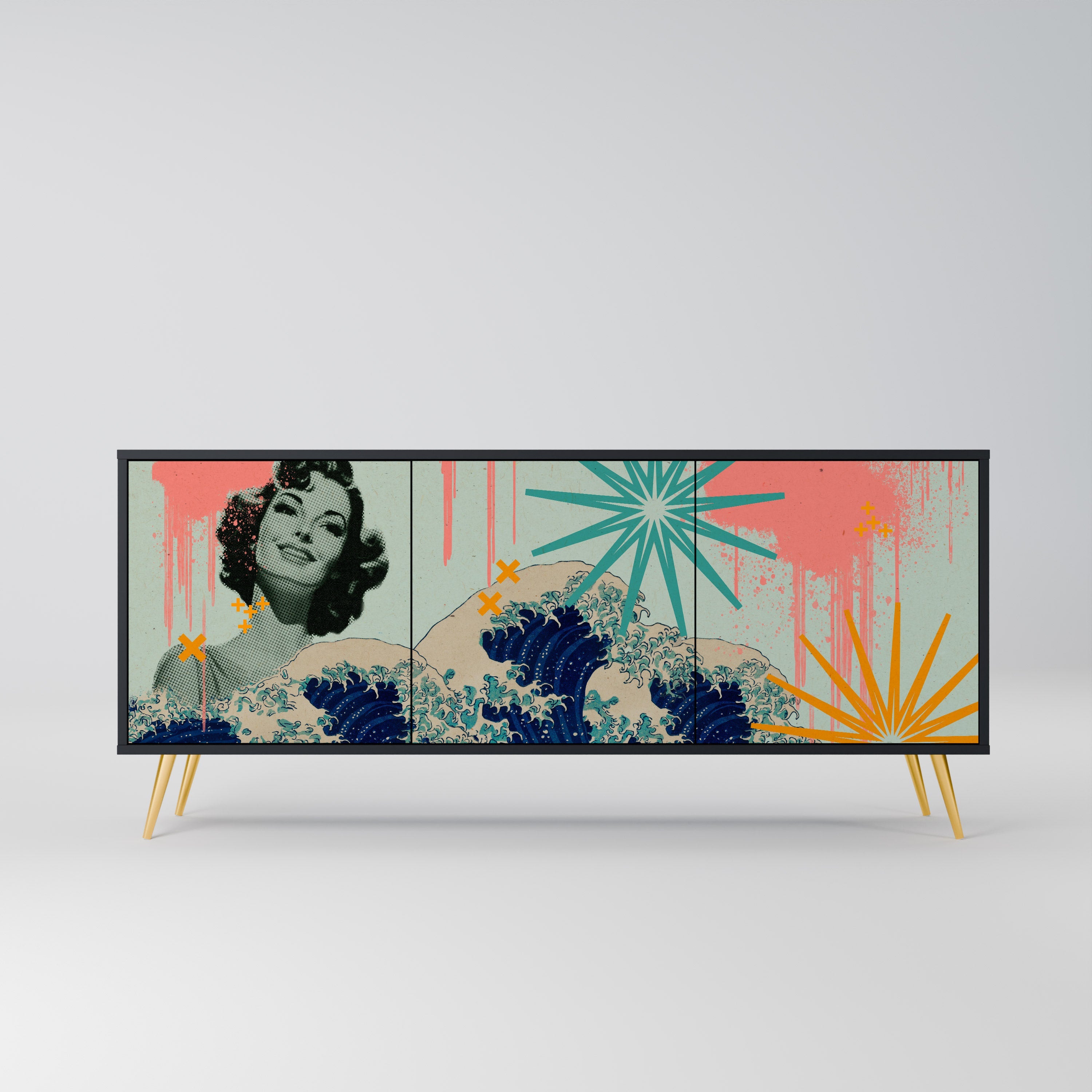 KANAGAWA BEAUTY Sideboard mit 3 Türen in Schwarz