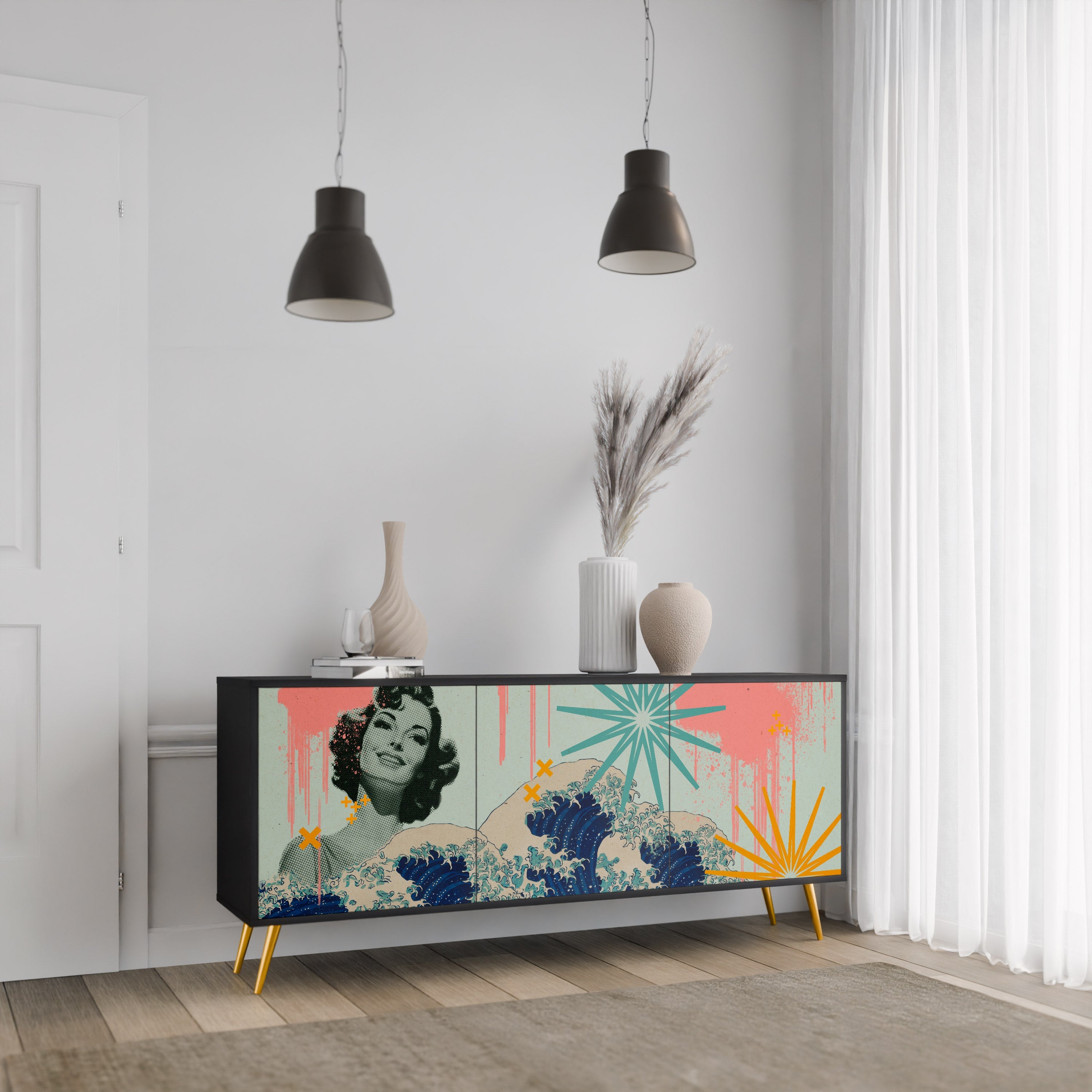 KANAGAWA BEAUTY Sideboard mit 3 Türen in Schwarz